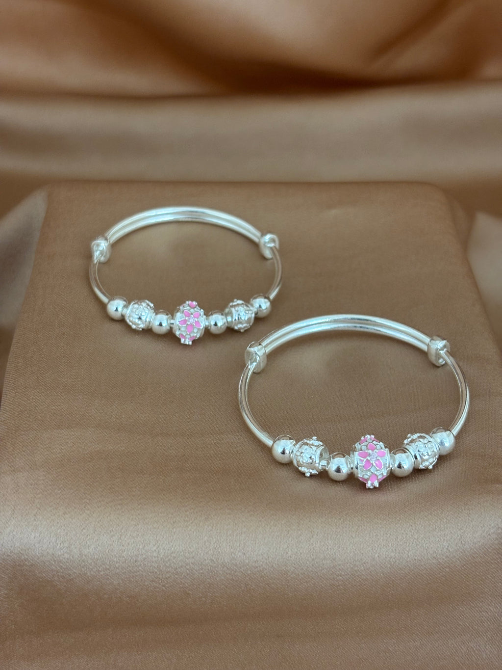 Pink Blossom Beaded Silver Kadli Set