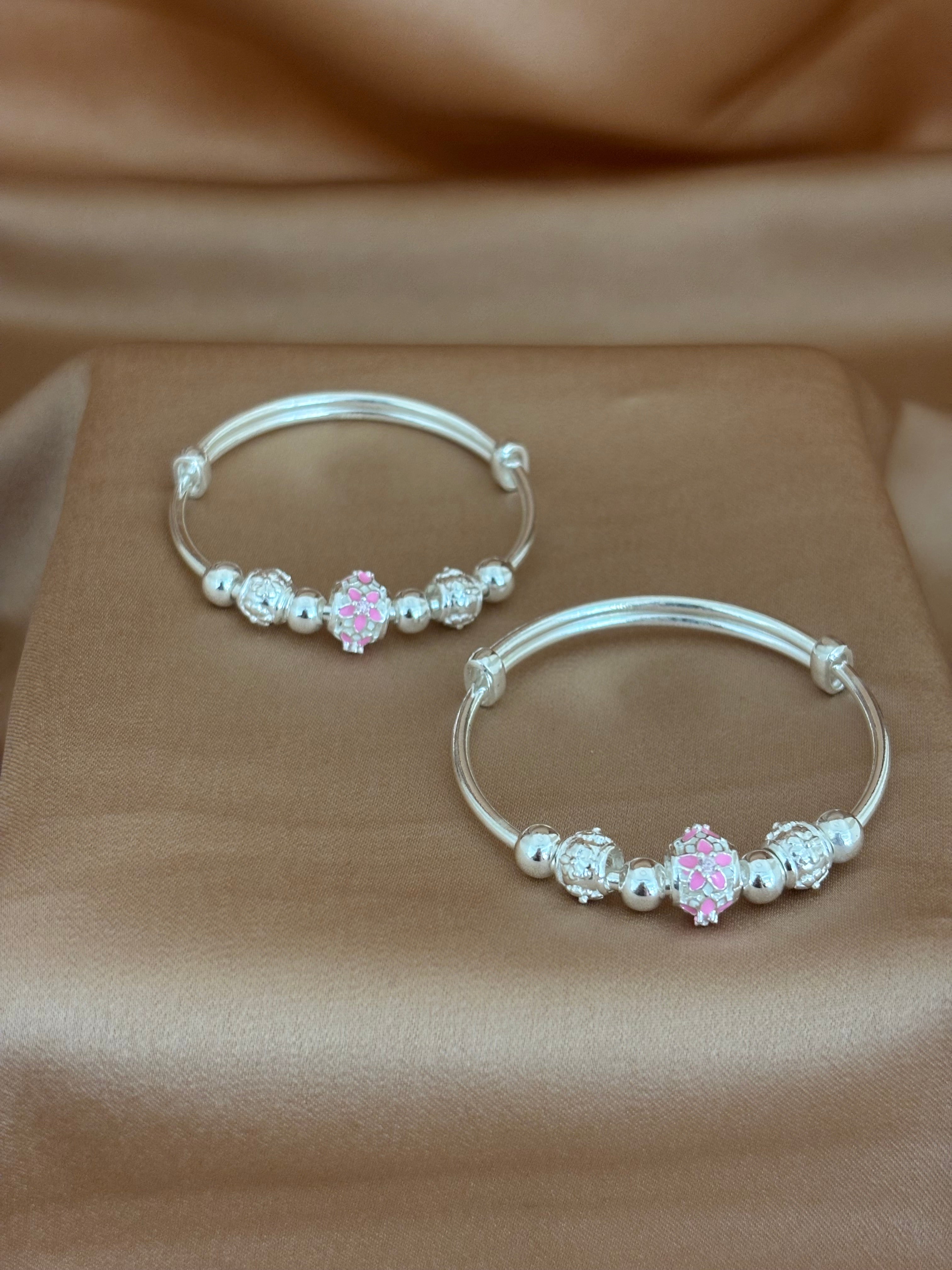 Pink Blossom Beaded Silver Kadli Set