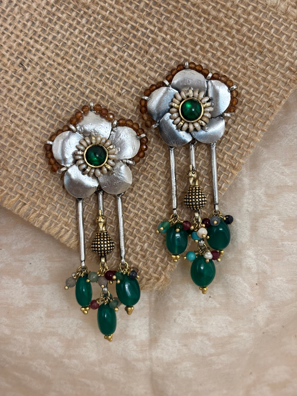 Silver Bloom & Emerald Bud Earrings