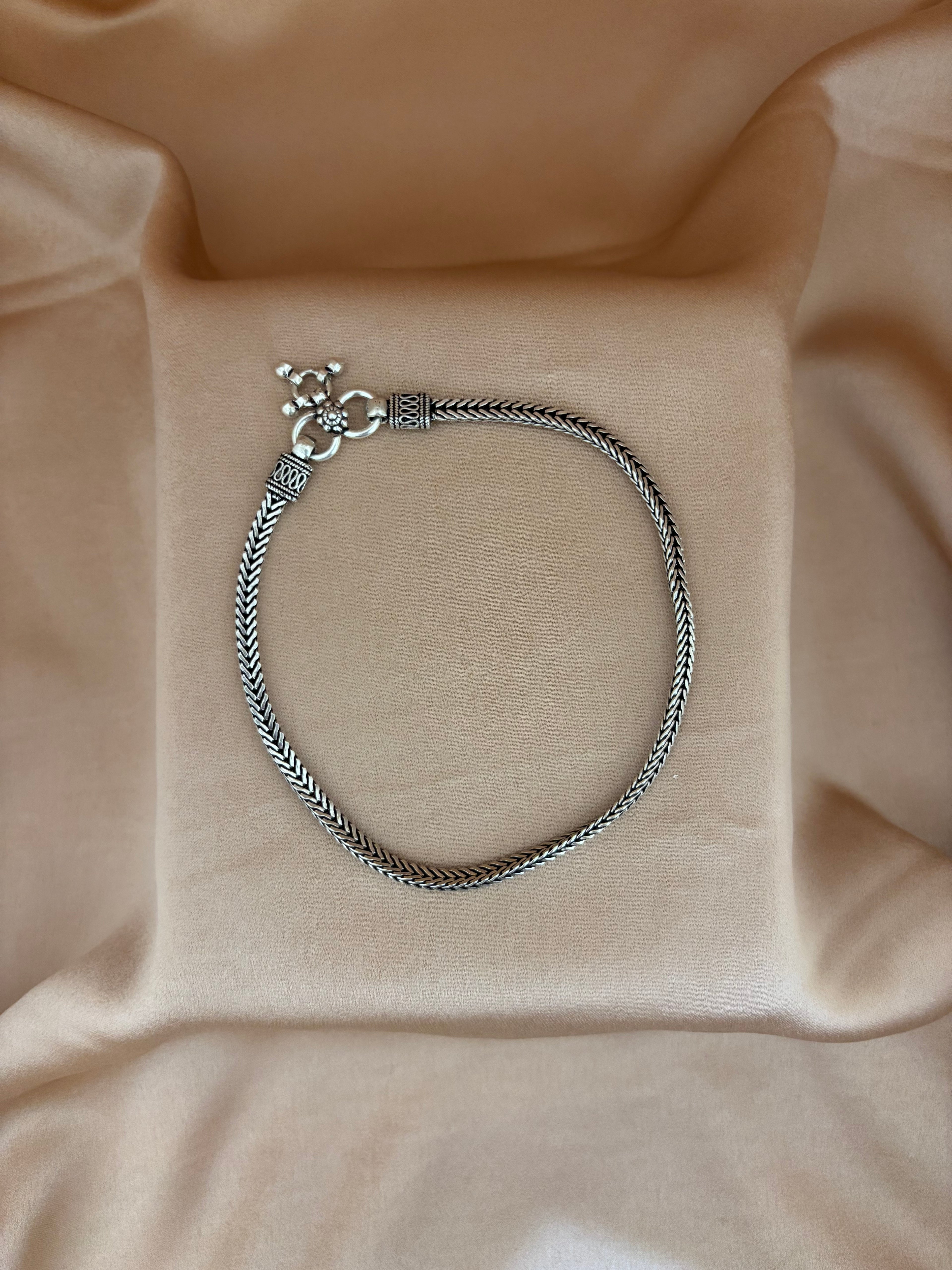 Vintage Oxidized Silver Herringbone Snake Anklet