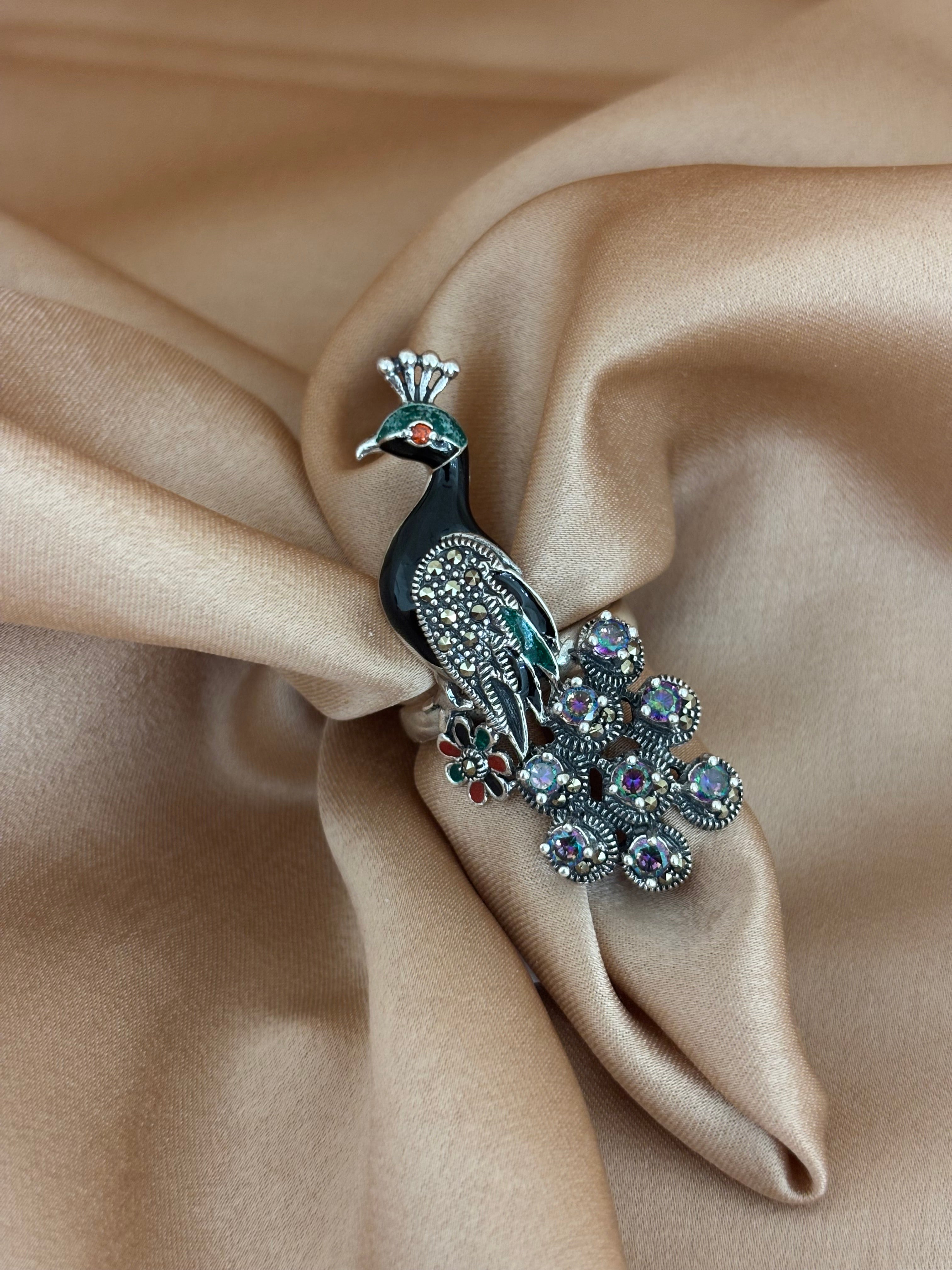Iridescent Marcasite Peacock Cocktail Ring