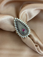 Vintage Teardrop Oxidized Silver Ring with Ruby Center