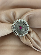 Mandala Sunburst Oxidized Silver Statement Ring