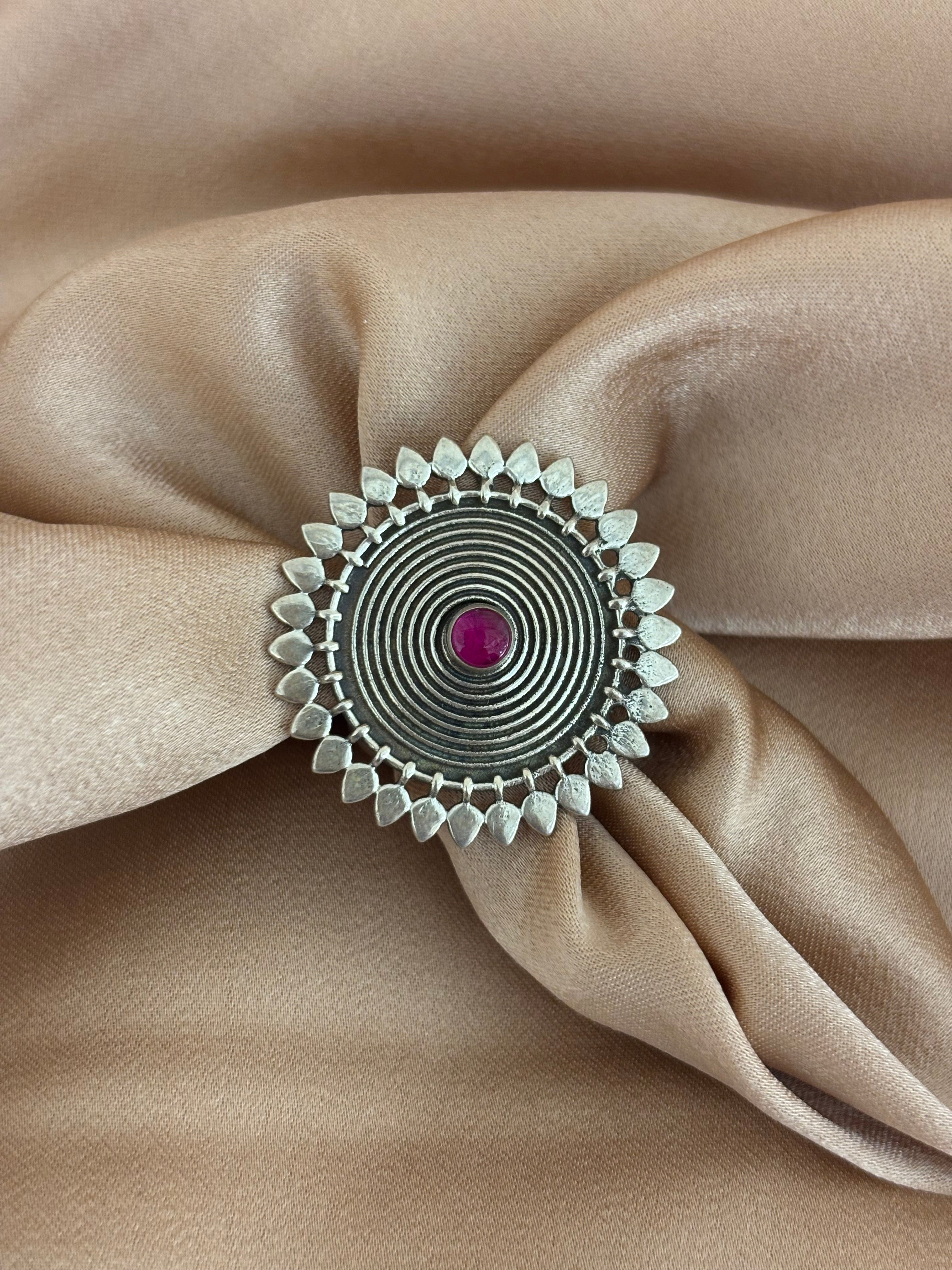 Mandala Sunburst Oxidized Silver Statement Ring