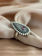Vintage Teardrop Oxidized Silver Ring with Ruby Center