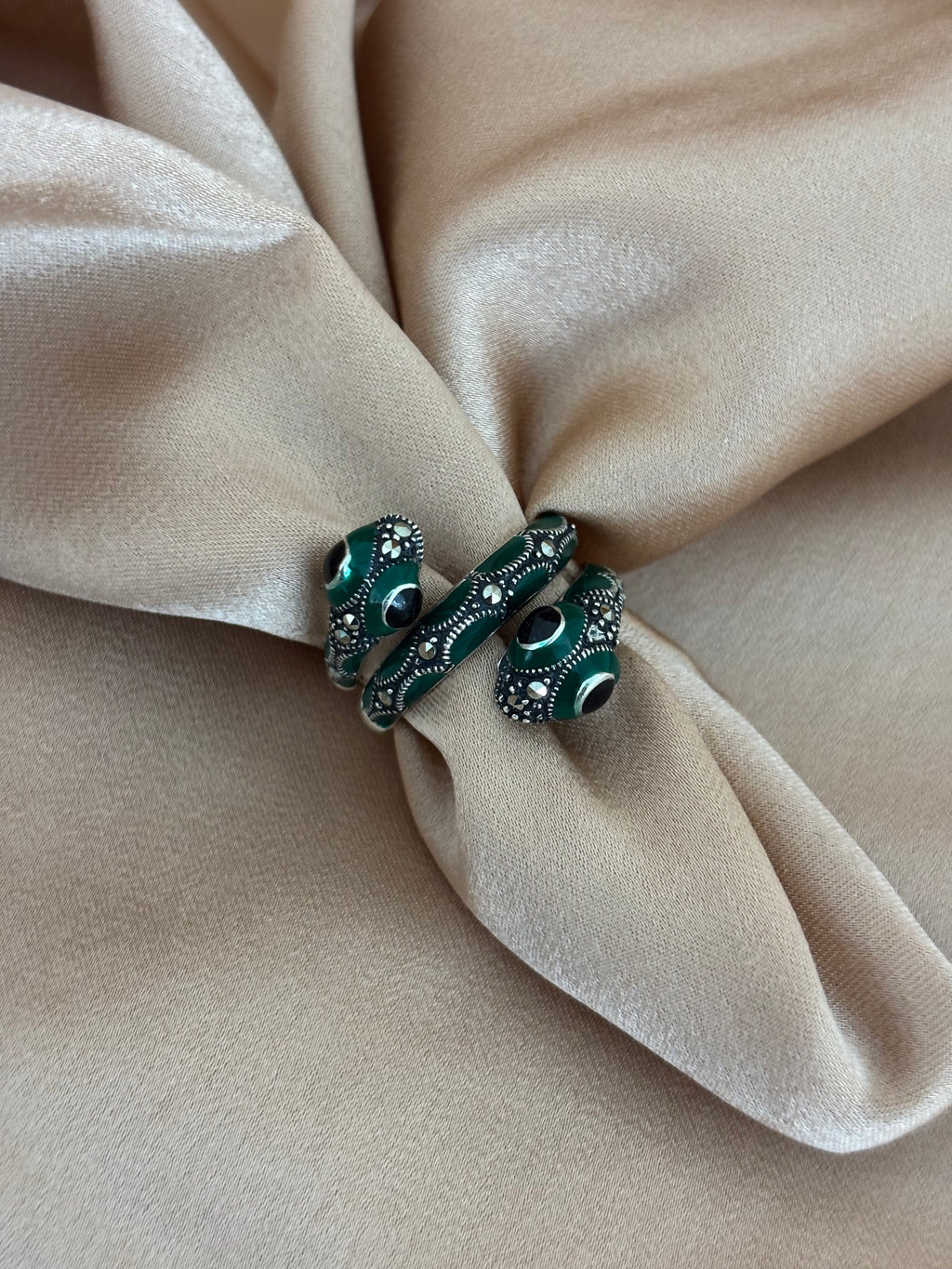 Deep Green Enamel & Marcasite Silver Serpent Ring
