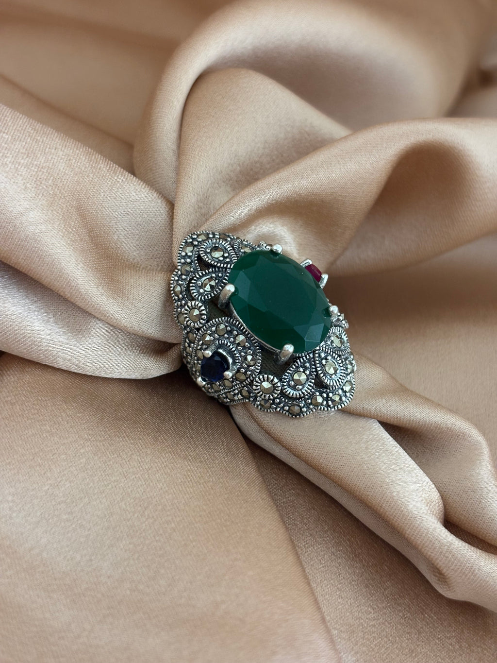 Victorian-Inspired Green Onyx & Marcasite Filigree Ring