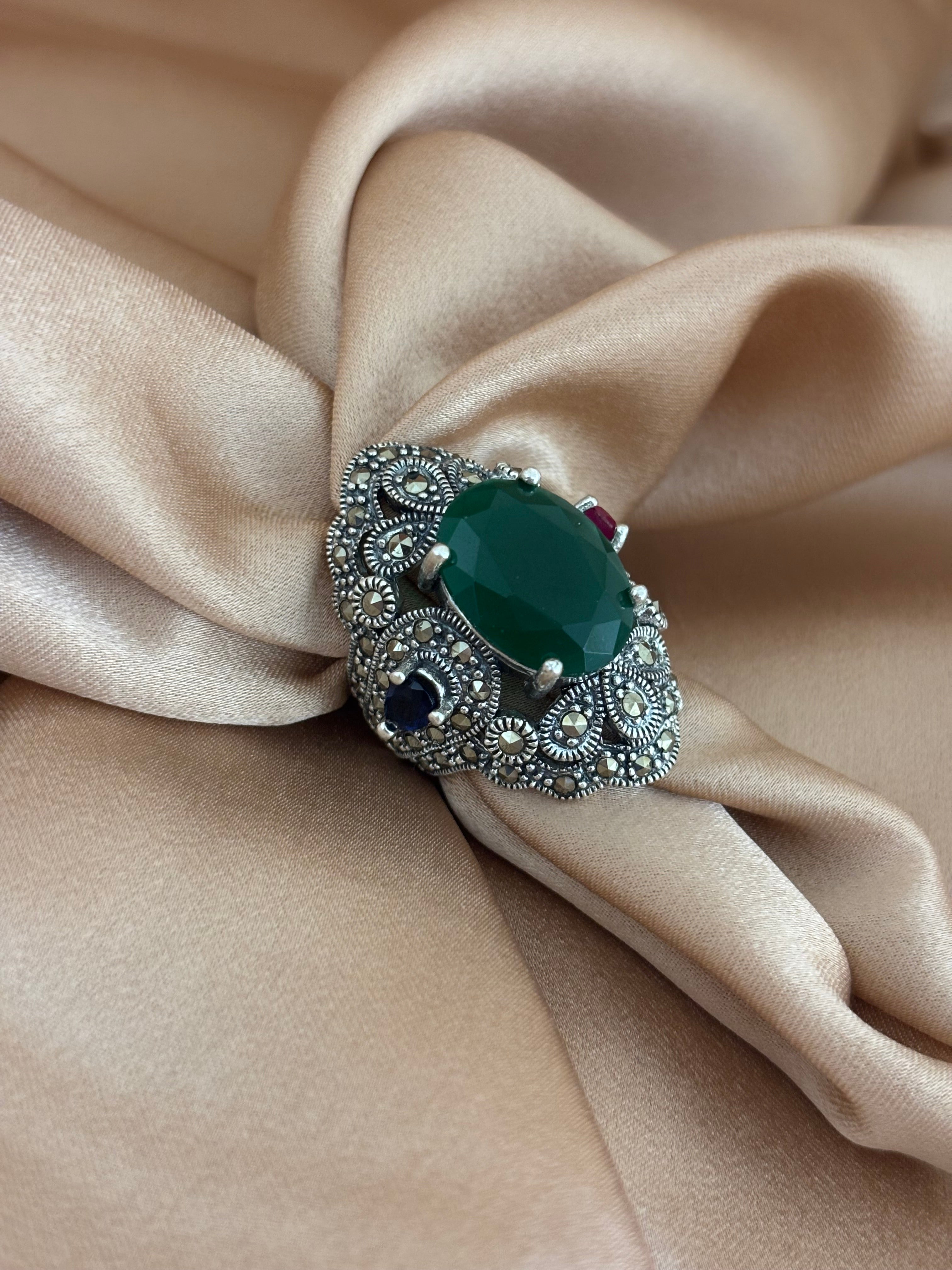 Victorian-Inspired Green Onyx & Marcasite Filigree Ring