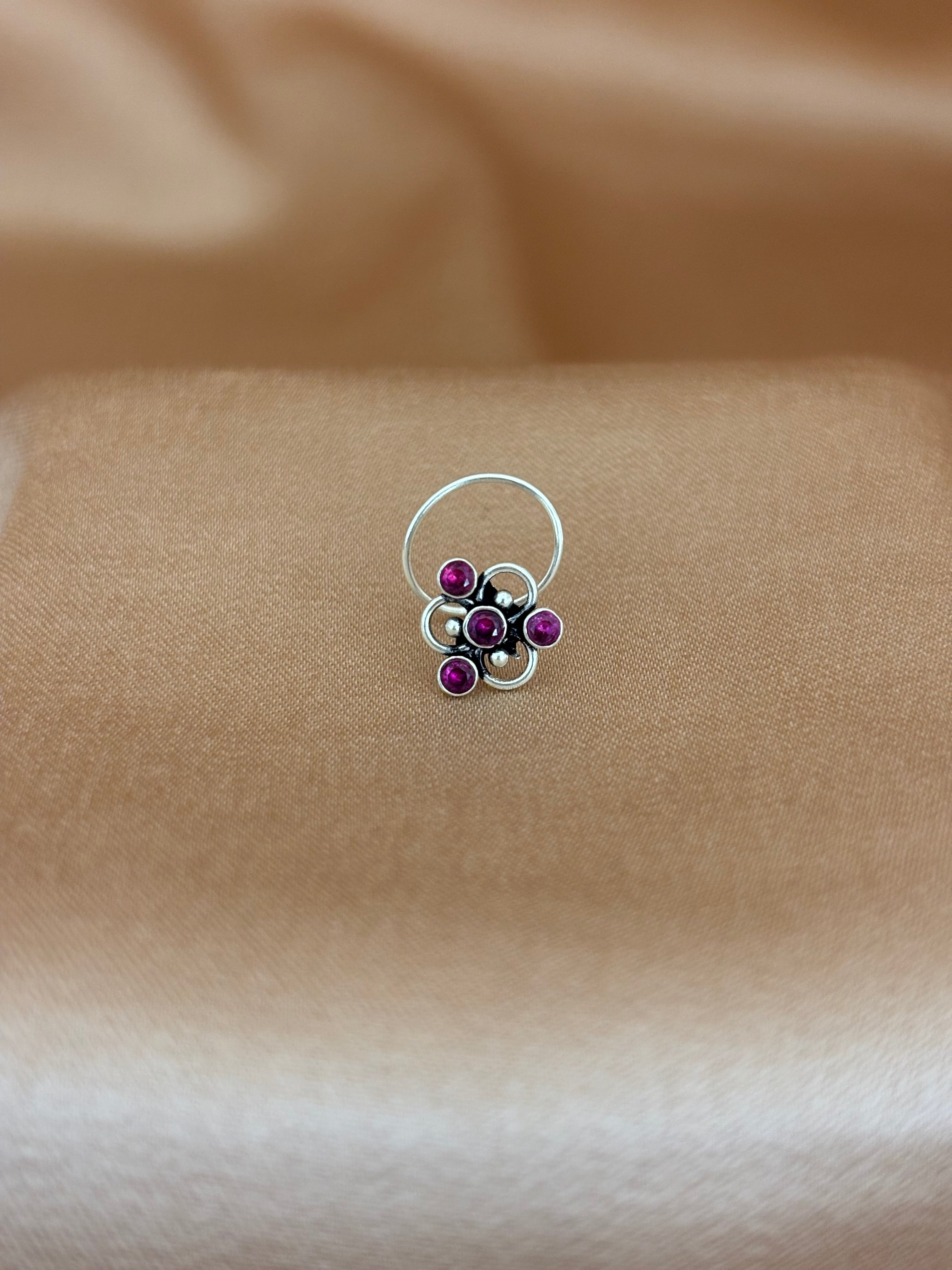Magenta Floral Cluster Silver Nose Pin