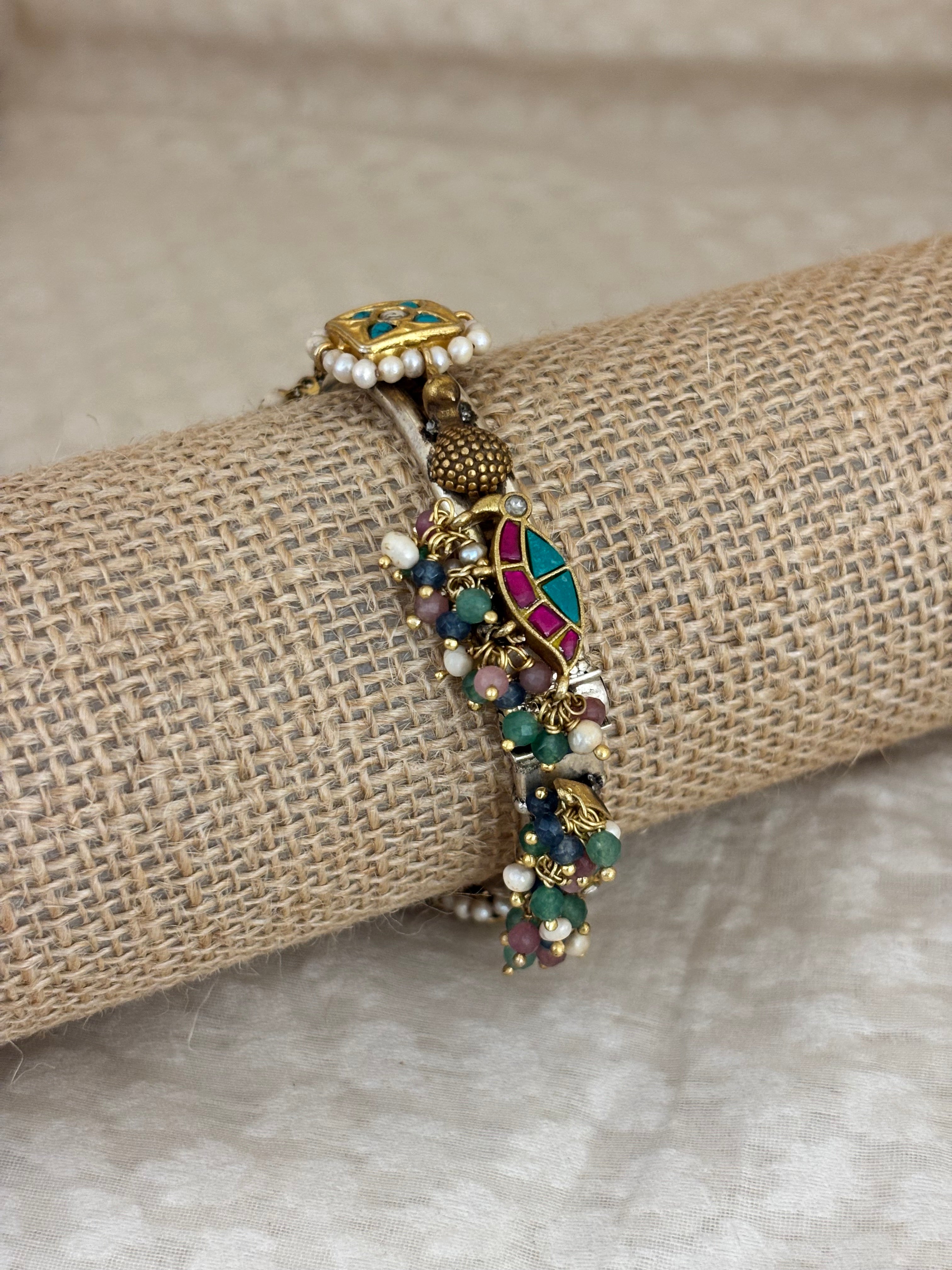 Turquoise Charm Tassel Silver Kada