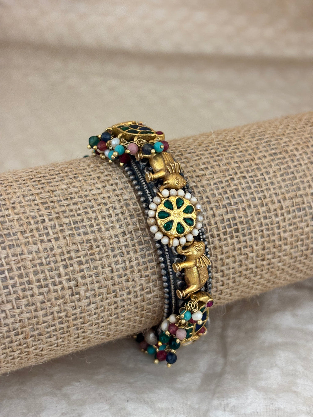 Gaja Multi-Stone Silver Fusion Kada with Elephant Accents