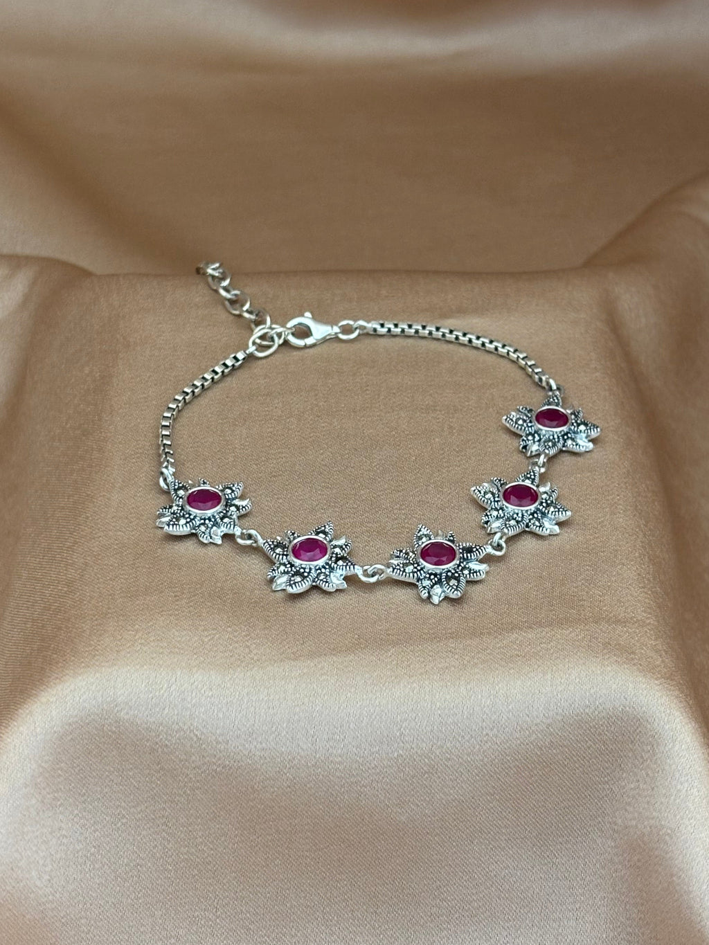Radiant Garnet Flower Chain Bracelet