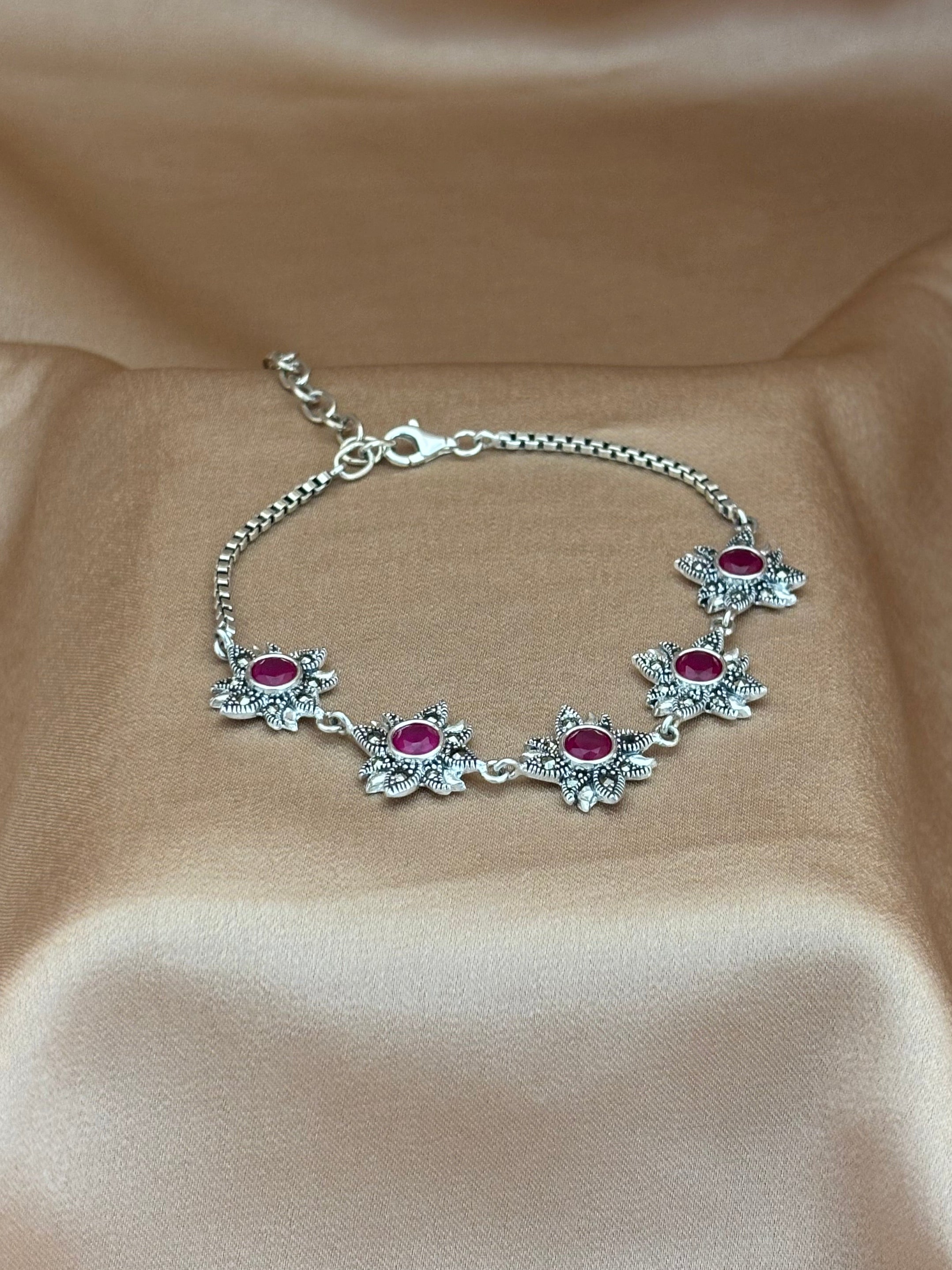 Radiant Garnet Flower Chain Bracelet