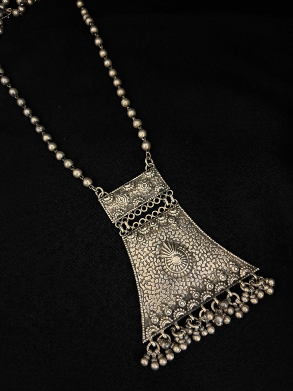 Antique Silver Textured Long Pendant Necklace