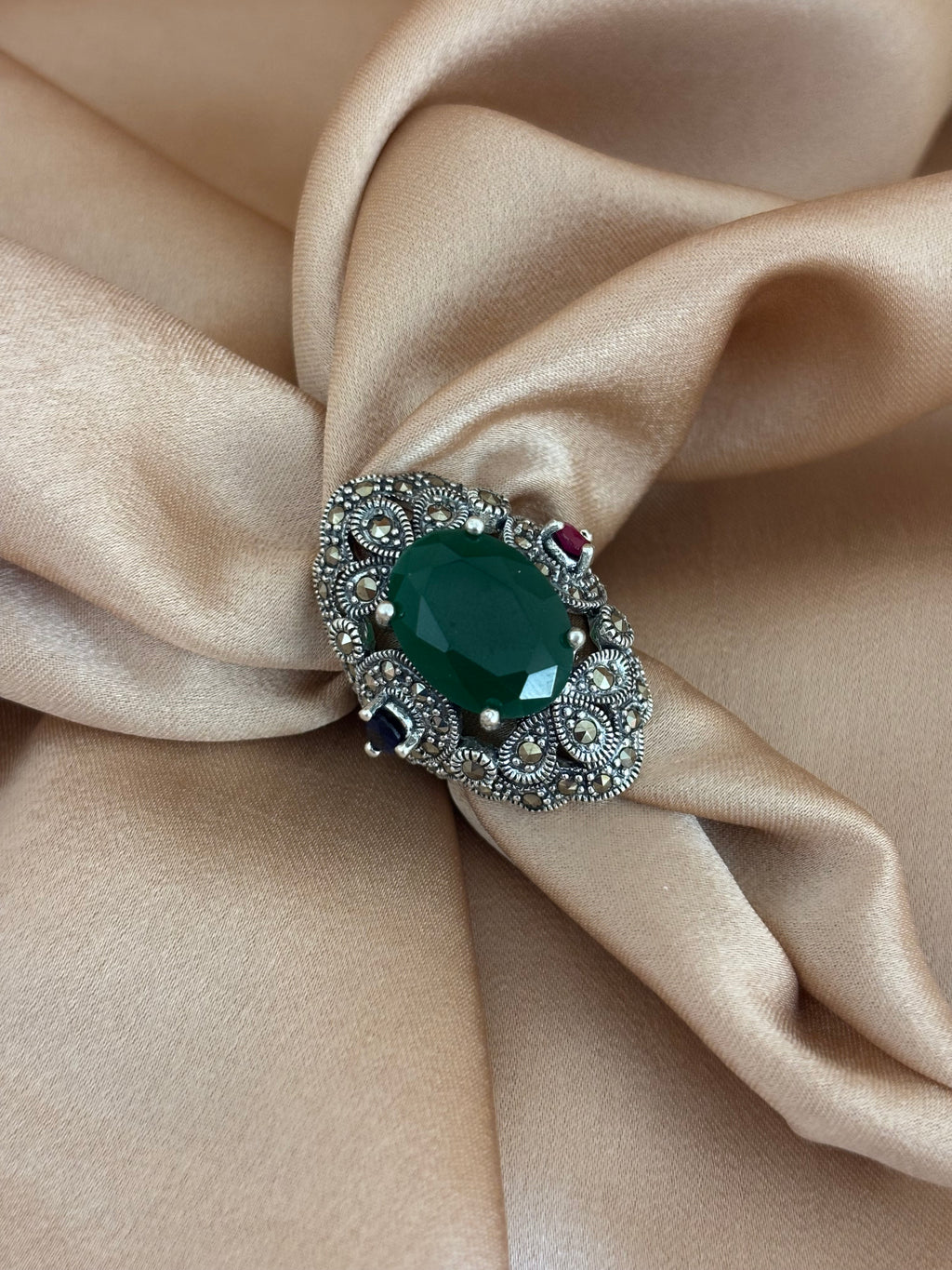 Victorian-Inspired Green Onyx & Marcasite Filigree Ring
