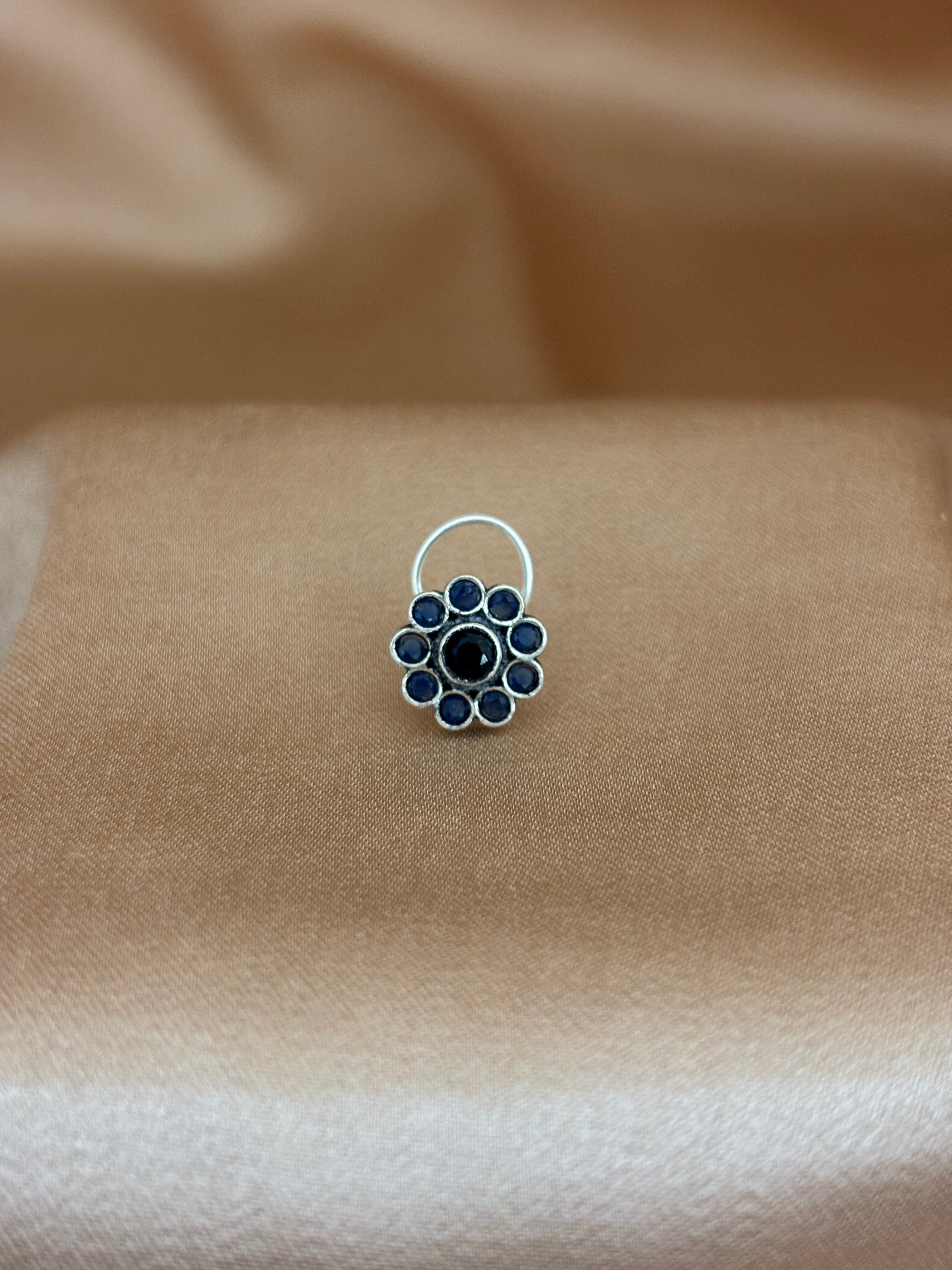 Sapphire Blue Floral Cluster Silver Nose Pin
