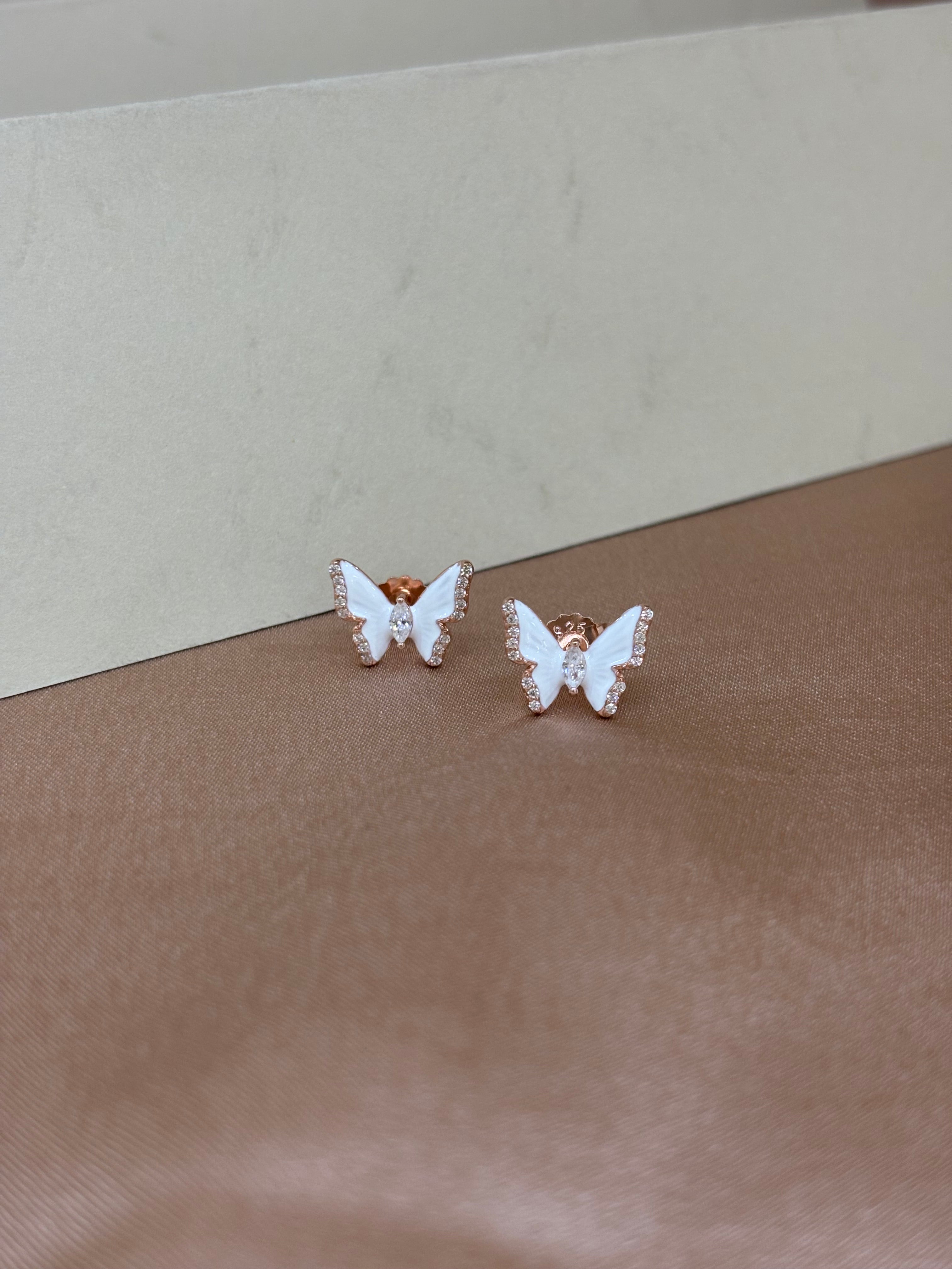 White Enamel Butterfly Wings Pendant and Earrings Set
