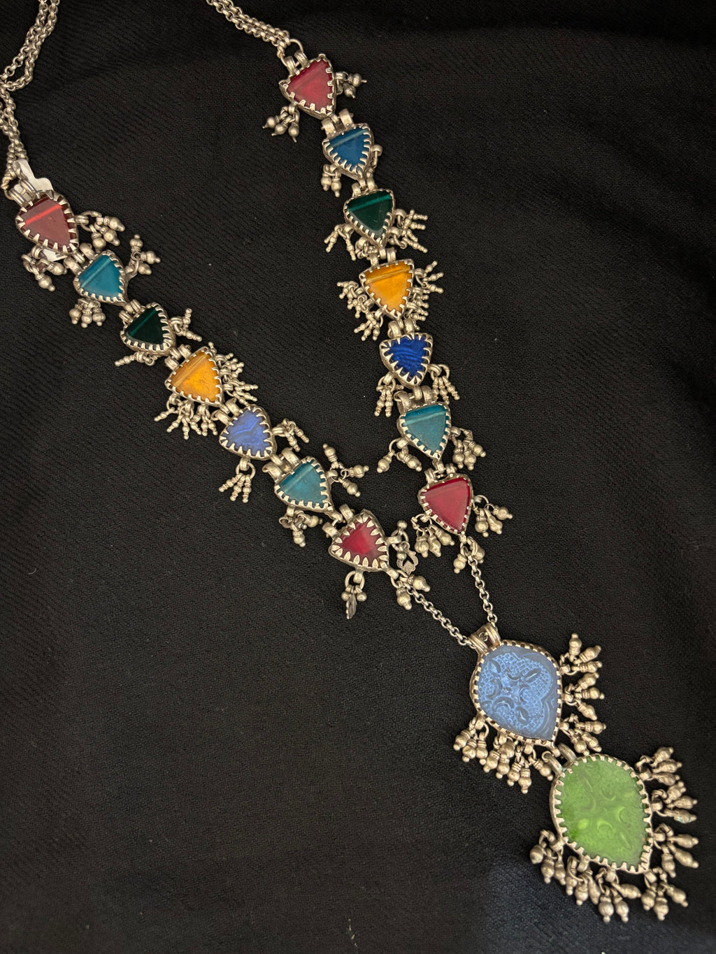 Lapis & Emerald Glass Festoon Antique Necklace