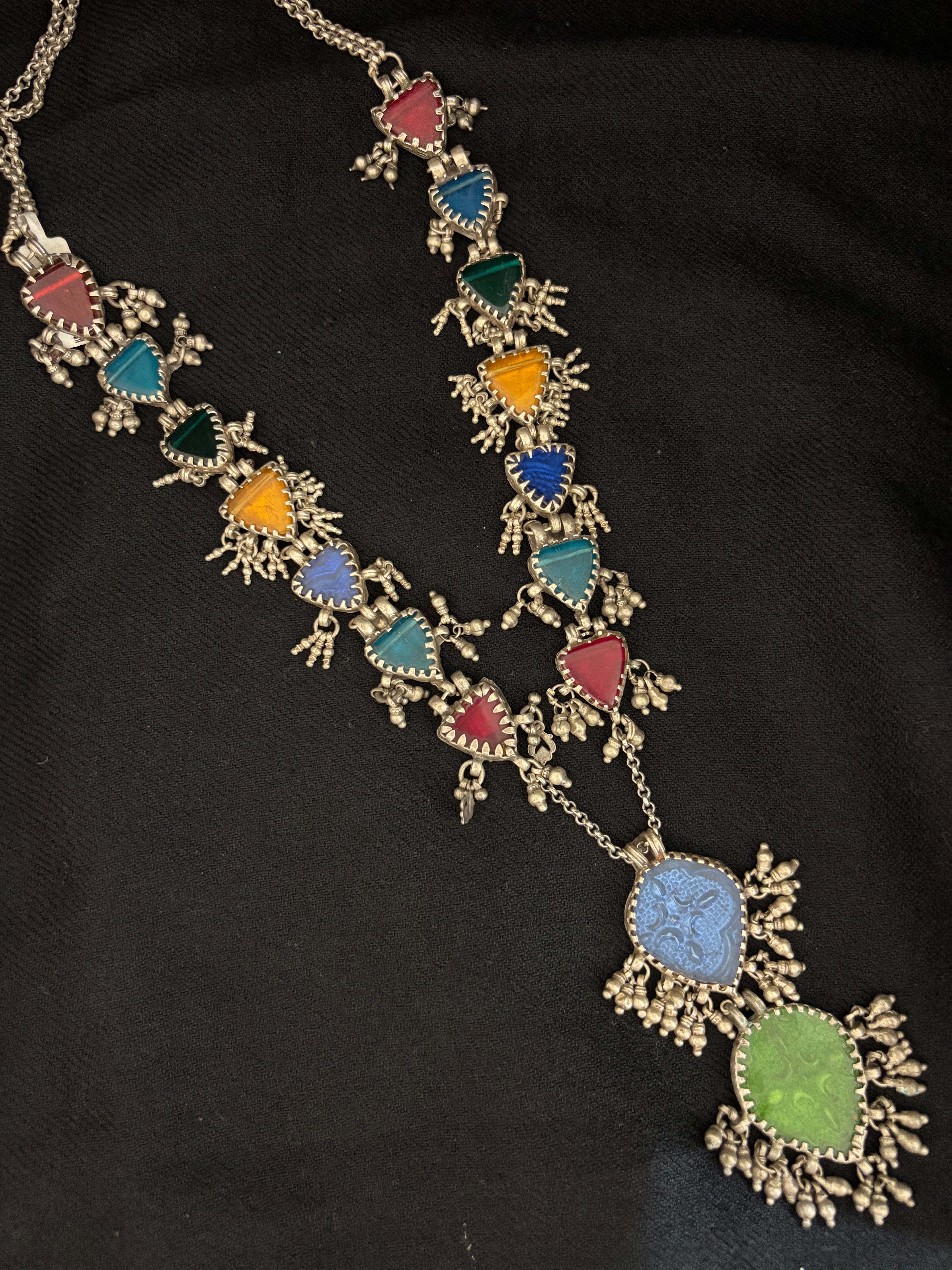 Lapis & Emerald Glass Festoon Antique Necklace