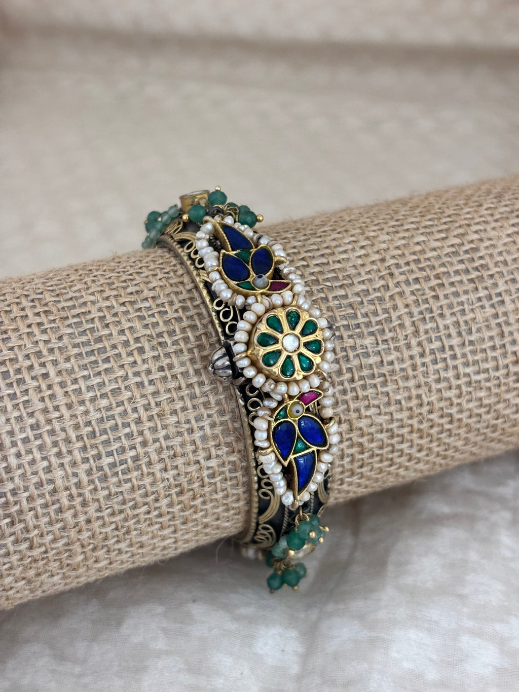 Mayura Emerald Green & Pearl Filigree Fusion Kada