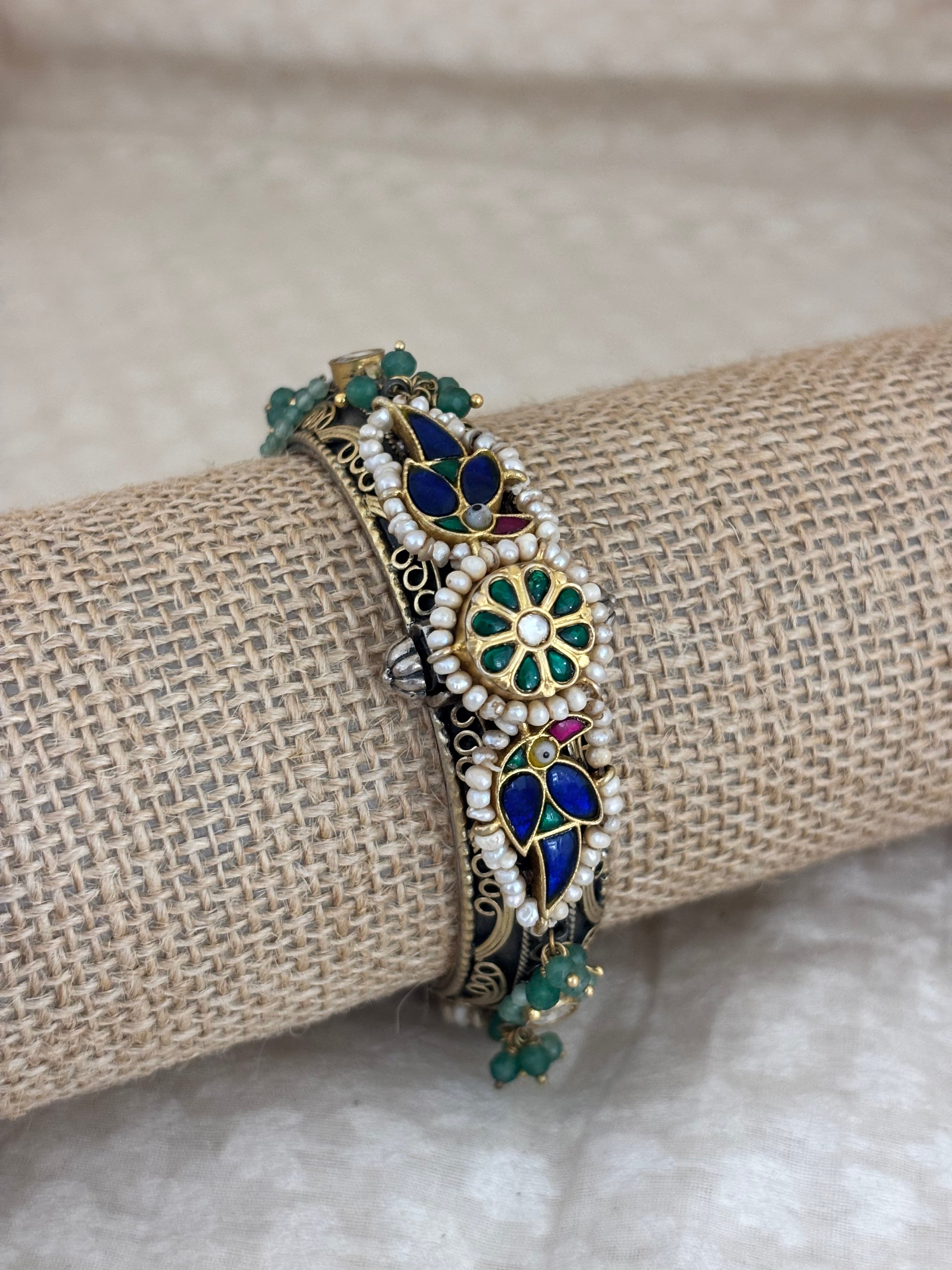 Mayura Emerald Green & Pearl Filigree Fusion Kada