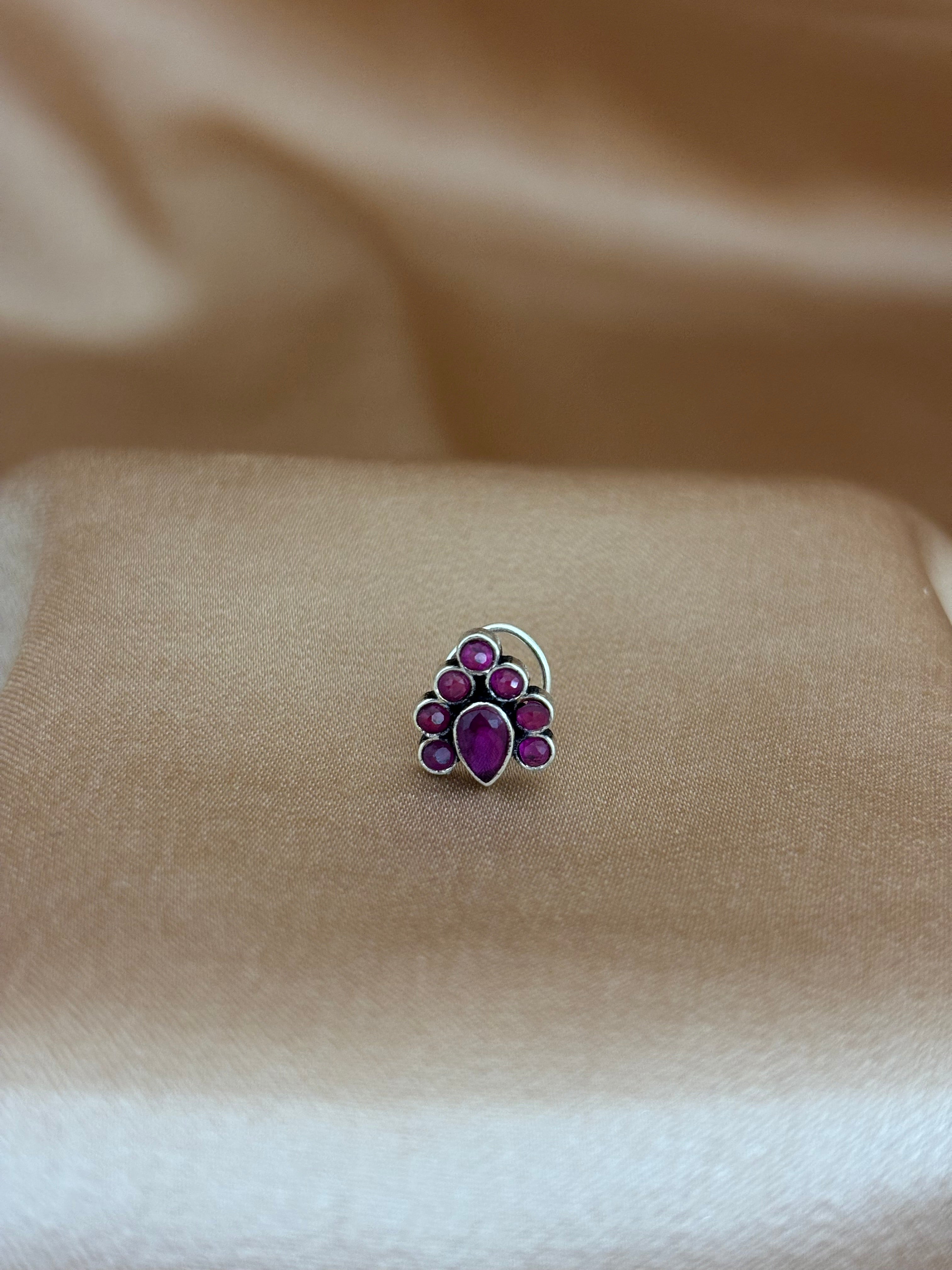 Teardrop Ruby Cluster Silver Nose Pin
