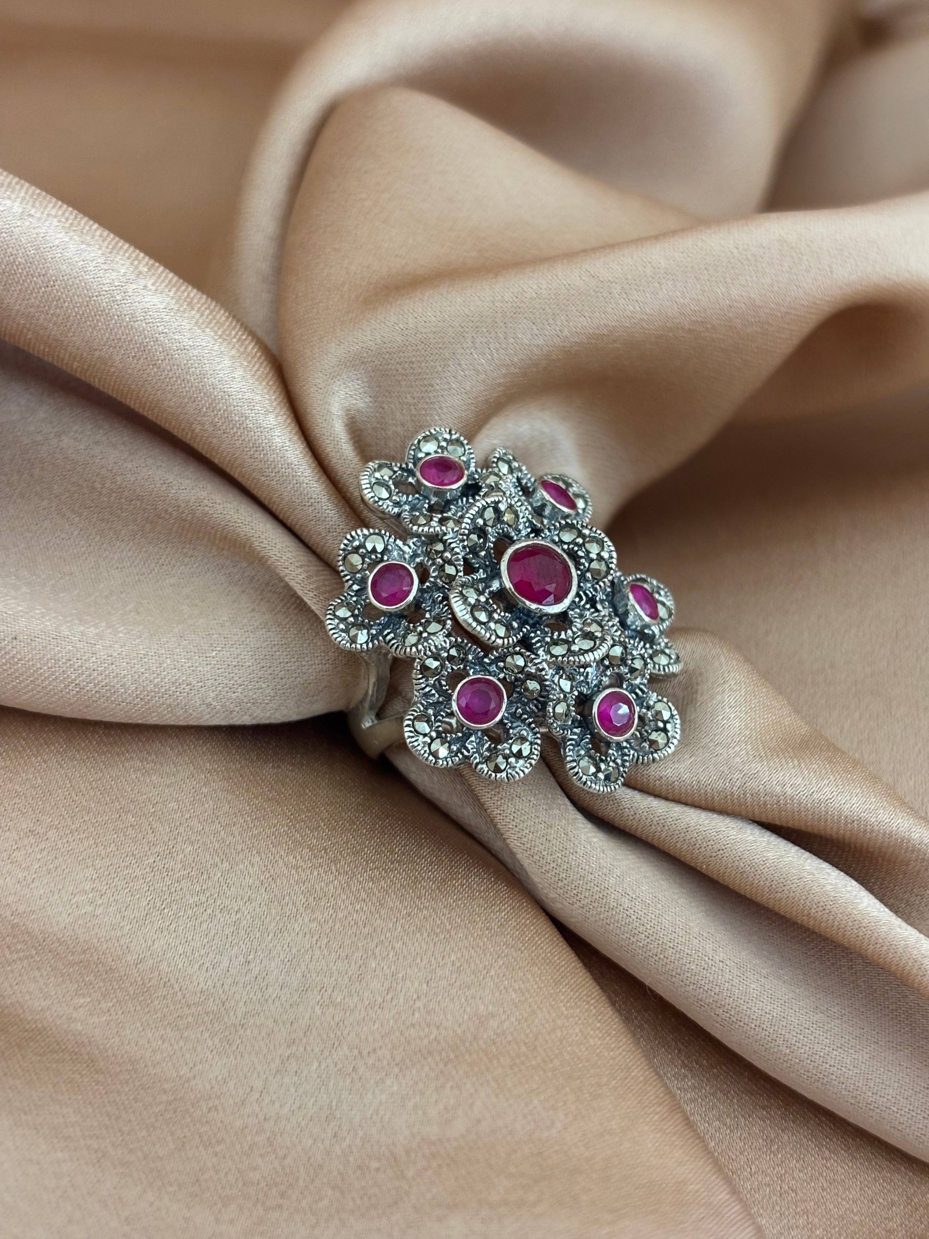 Victorian Ruby Floral Cluster Ring