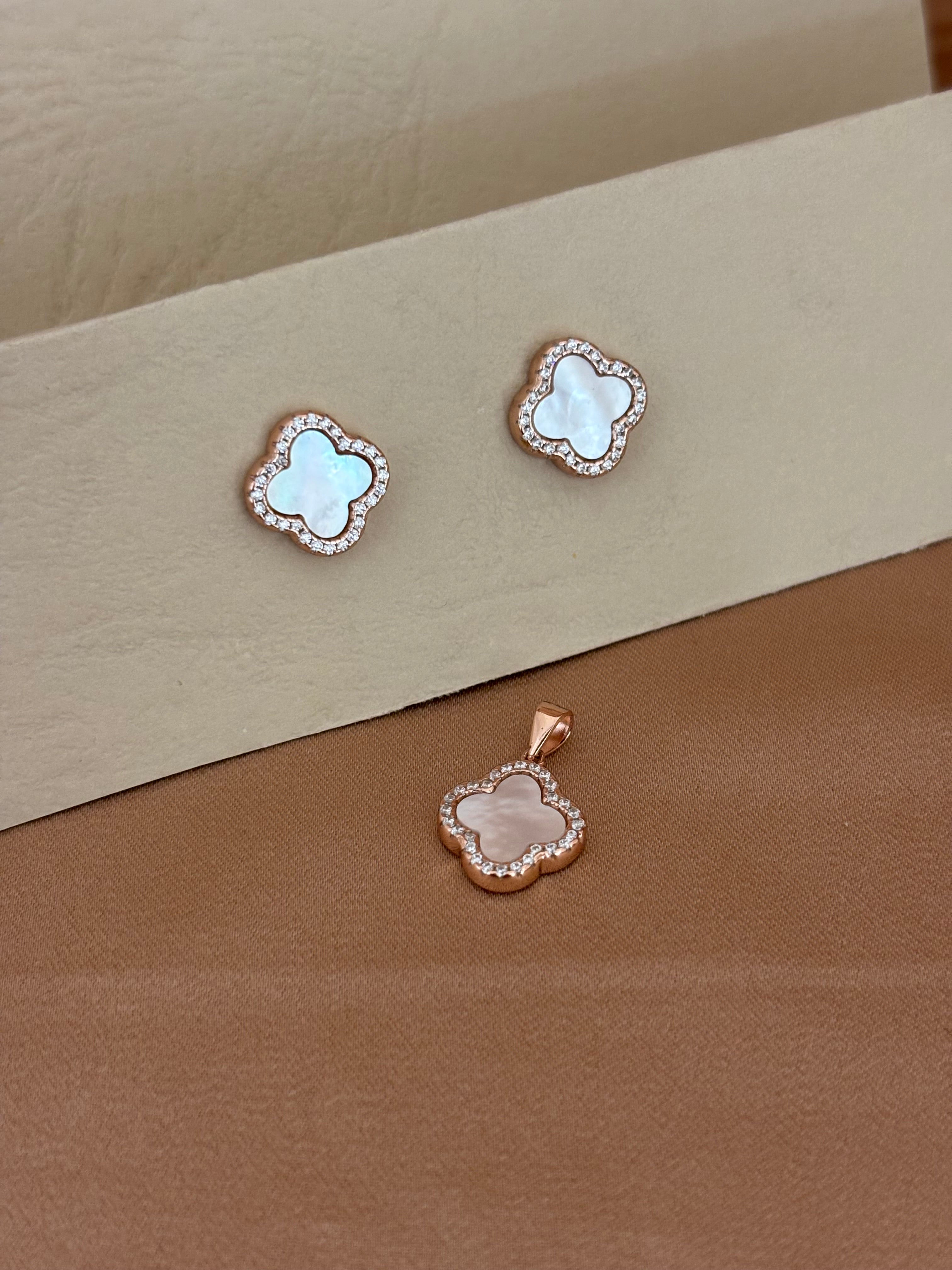 Rose Gold Clover Mother of Pearl & Zirconia Pendant Set