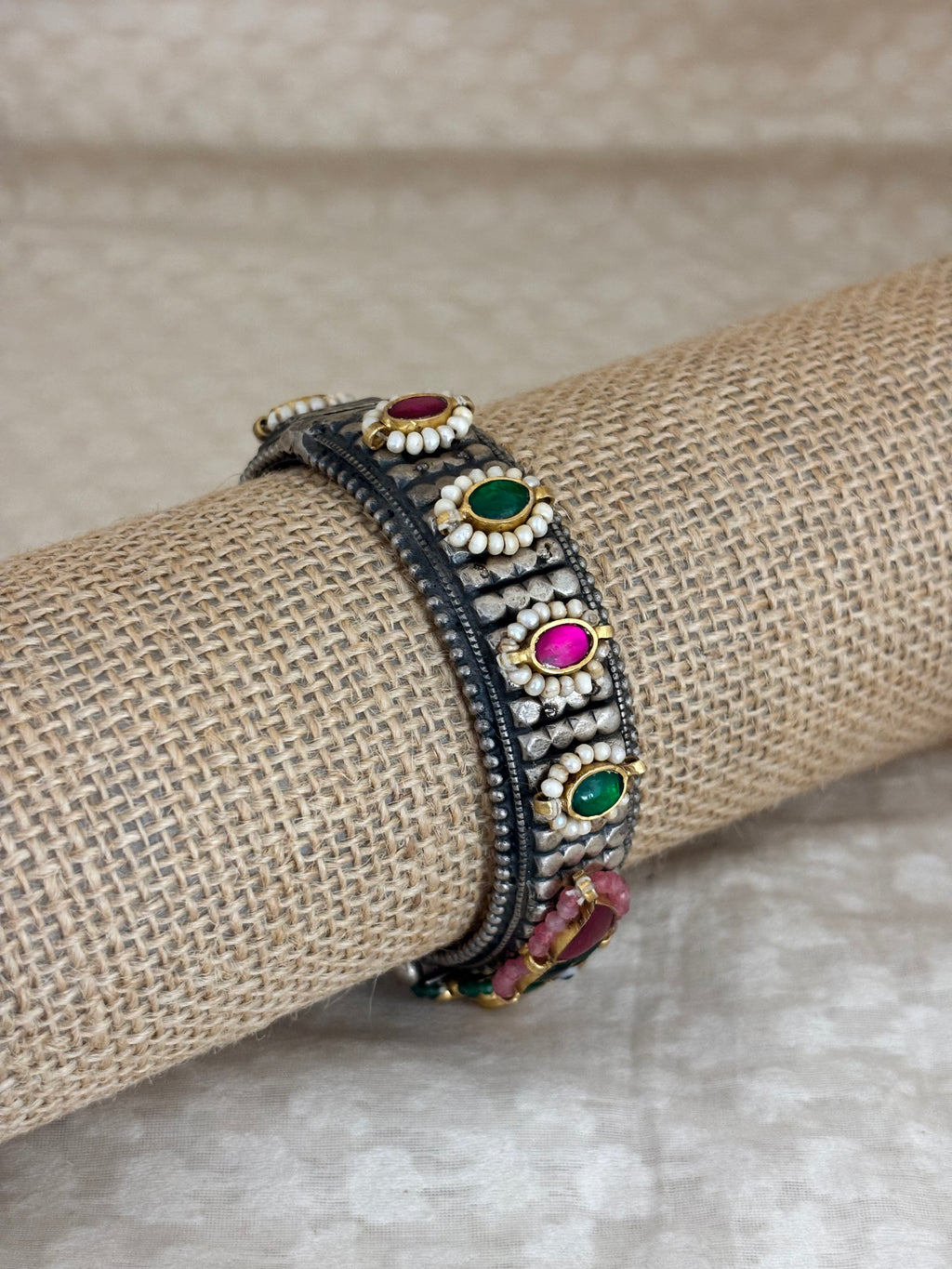 Vrinda Oxidized Silver Peacock & Floral Fusion Kada