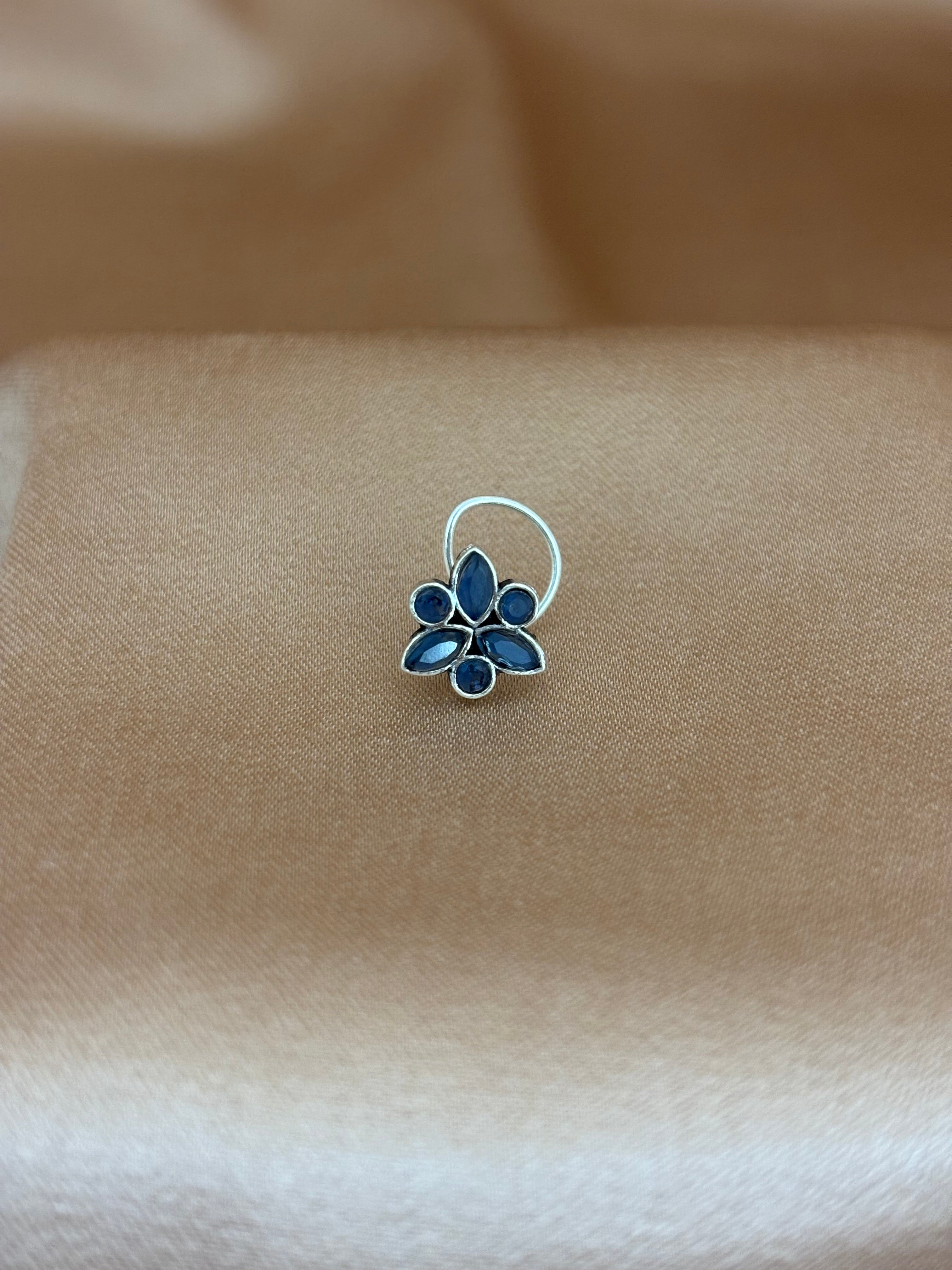 Deep Teal Marquise Blossom Silver Nose Pin