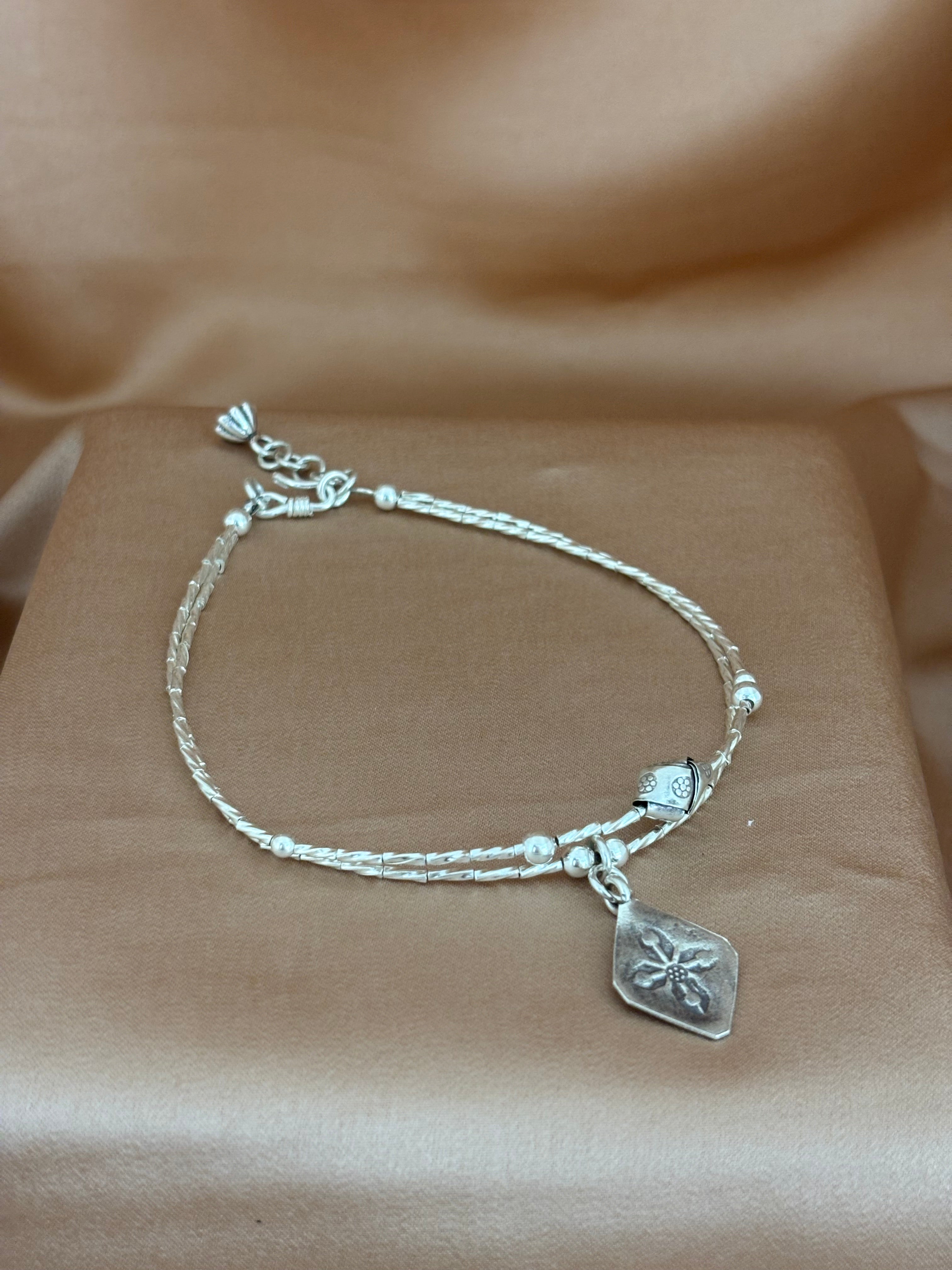 Dainty Double-Layer Silver Anklet with Floral Shield Charm