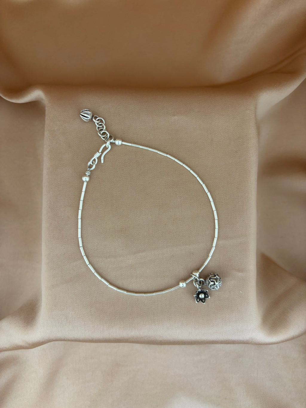 Floral Charm Silver Tube Anklet