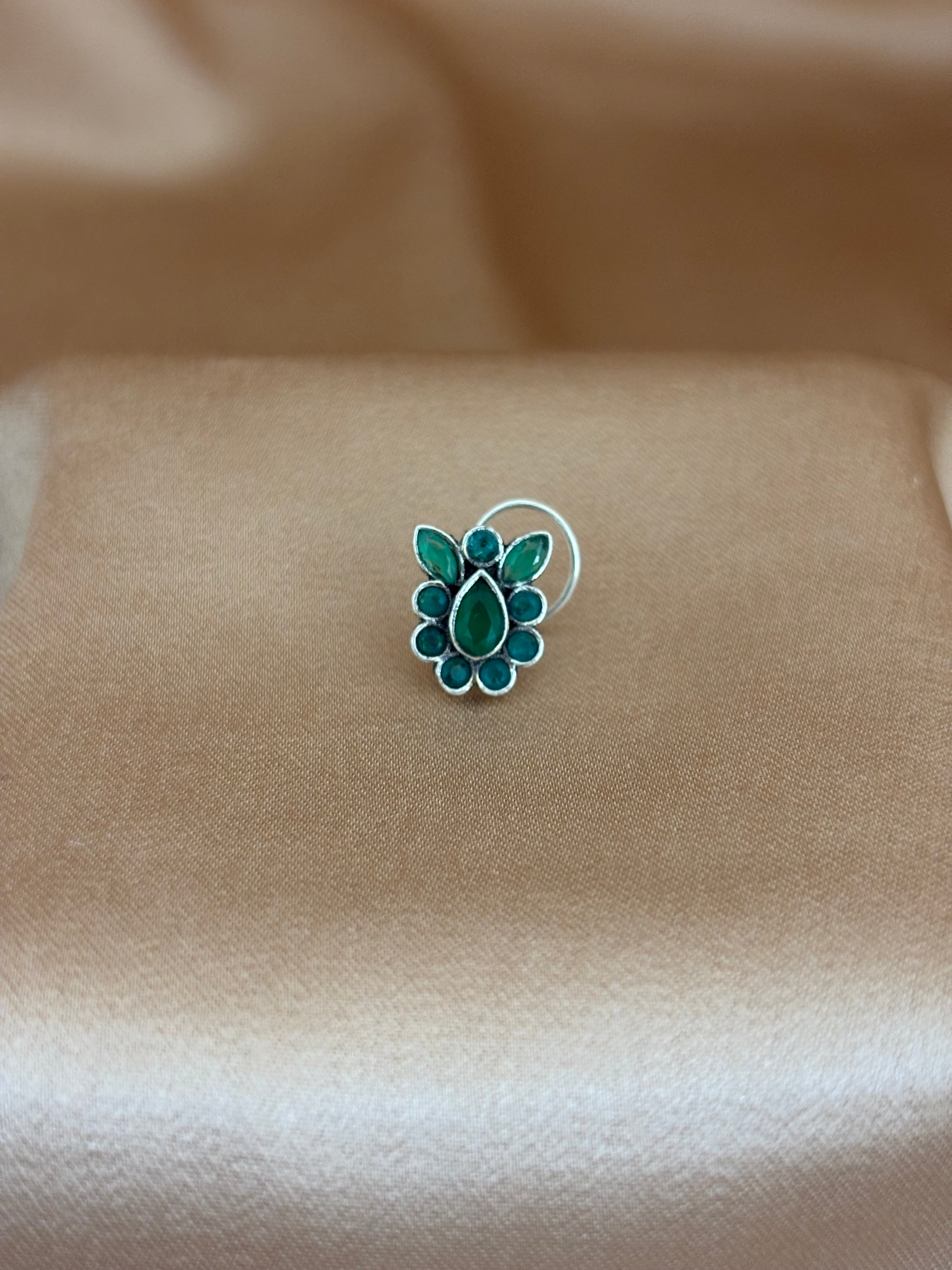 Teal Petal Bouquet Silver Nose Pin