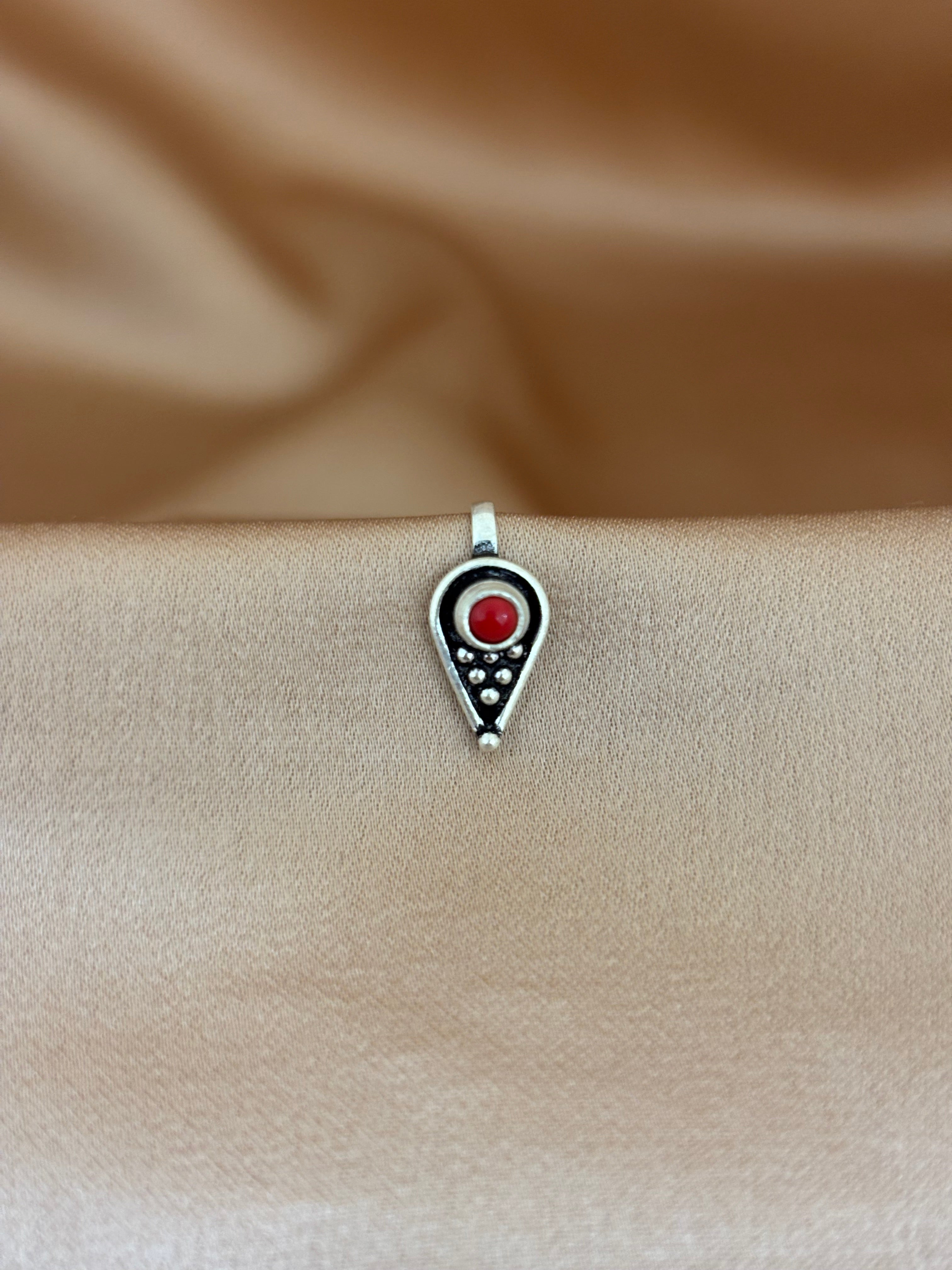 Crimson Teardrop Silver Nose Pin