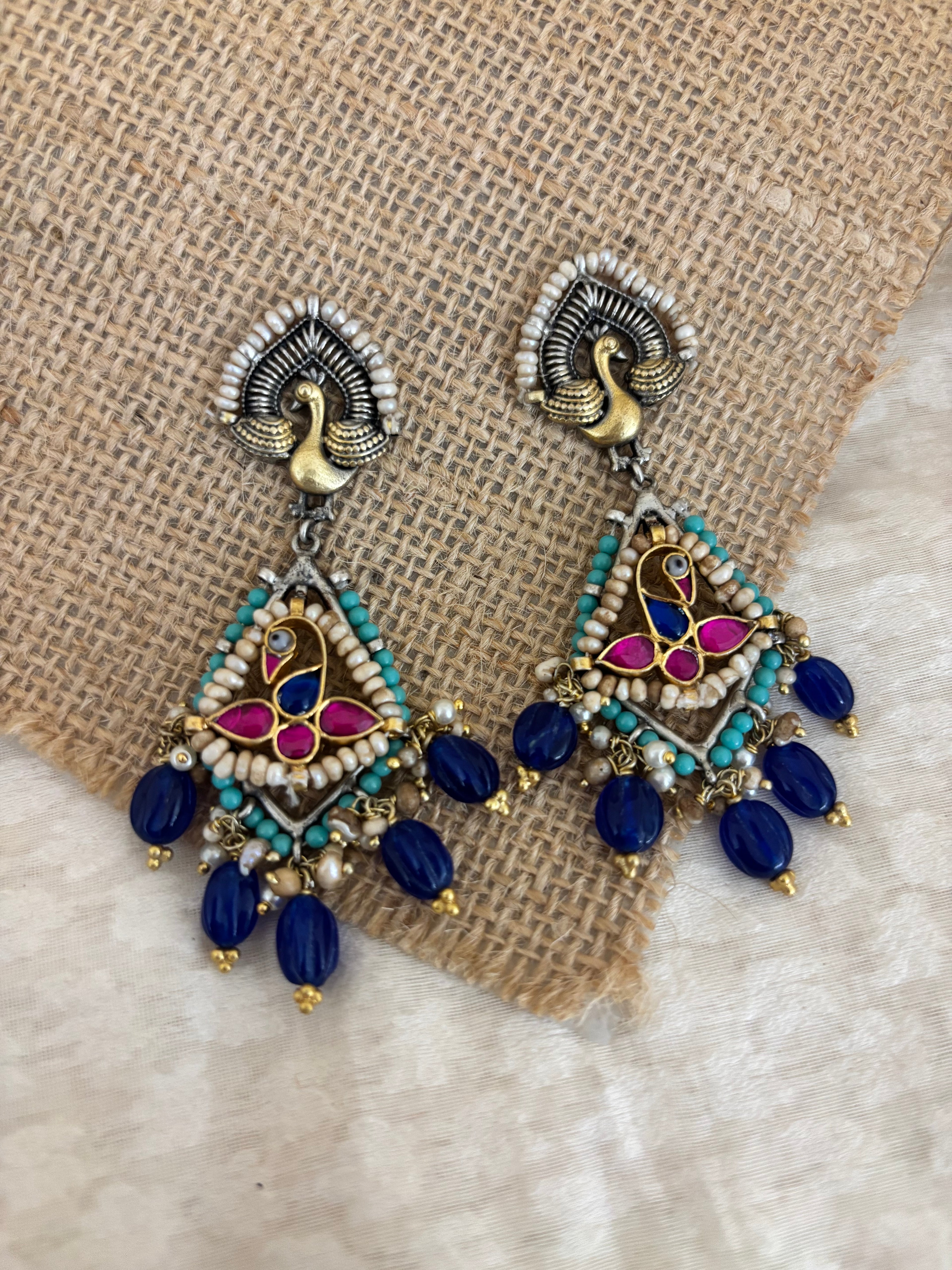Geometric Peacock Tassel Earrings