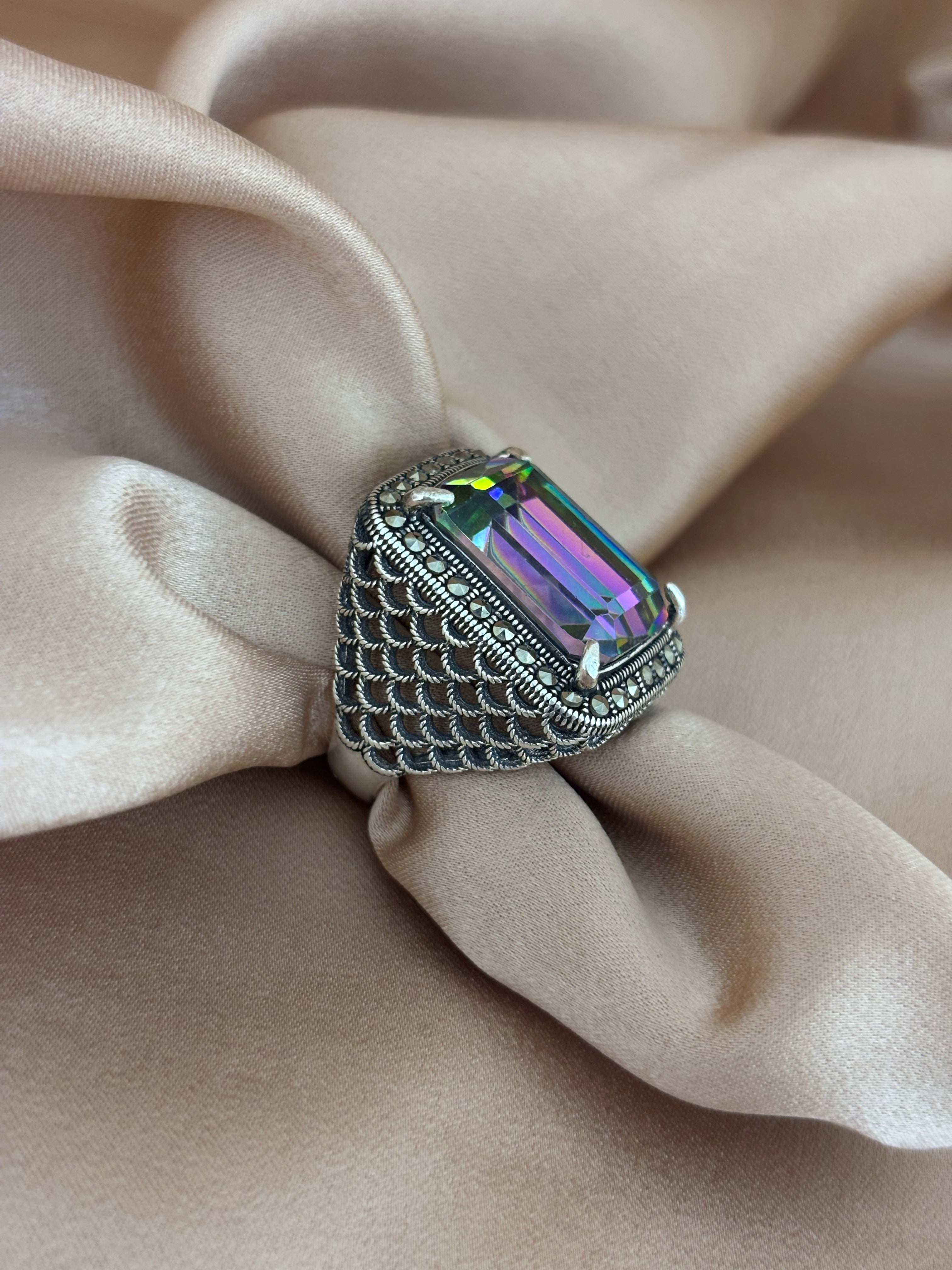 Emerald-Cut Mystic Topaz & Marcasite Halo Silver Ring