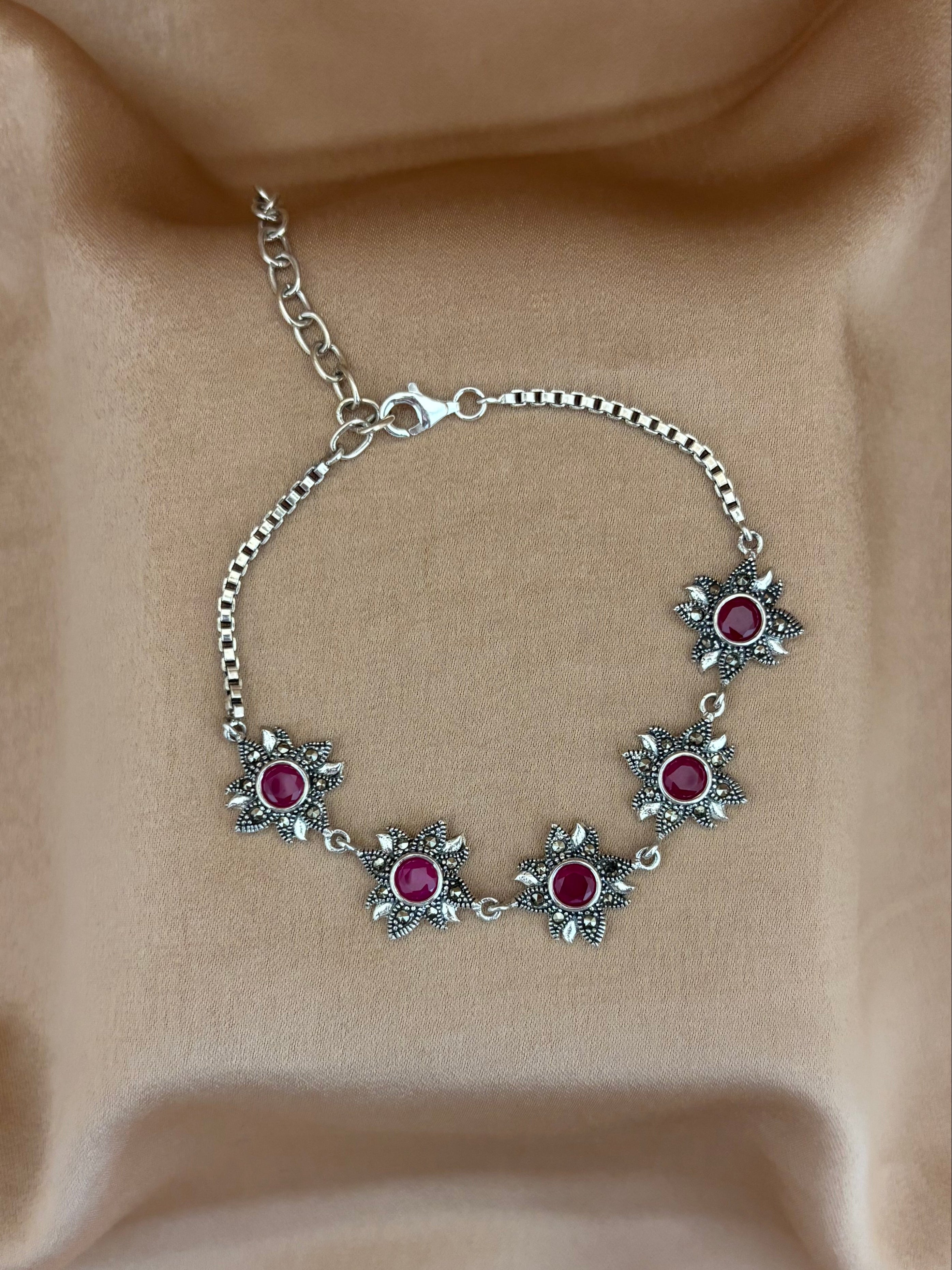 Radiant Garnet Flower Chain Bracelet