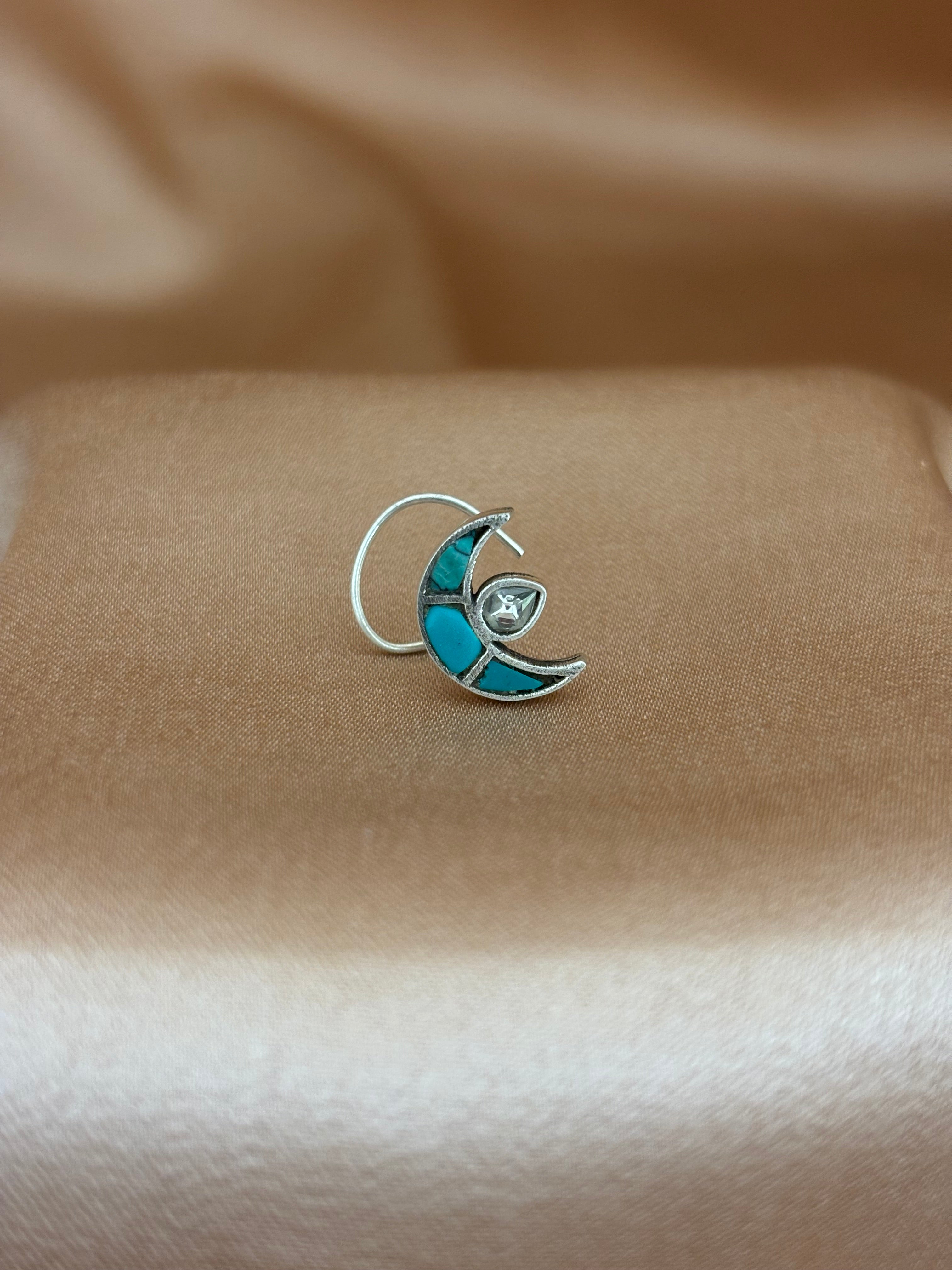Turquoise Crescent Moon Silver Nose Pin
