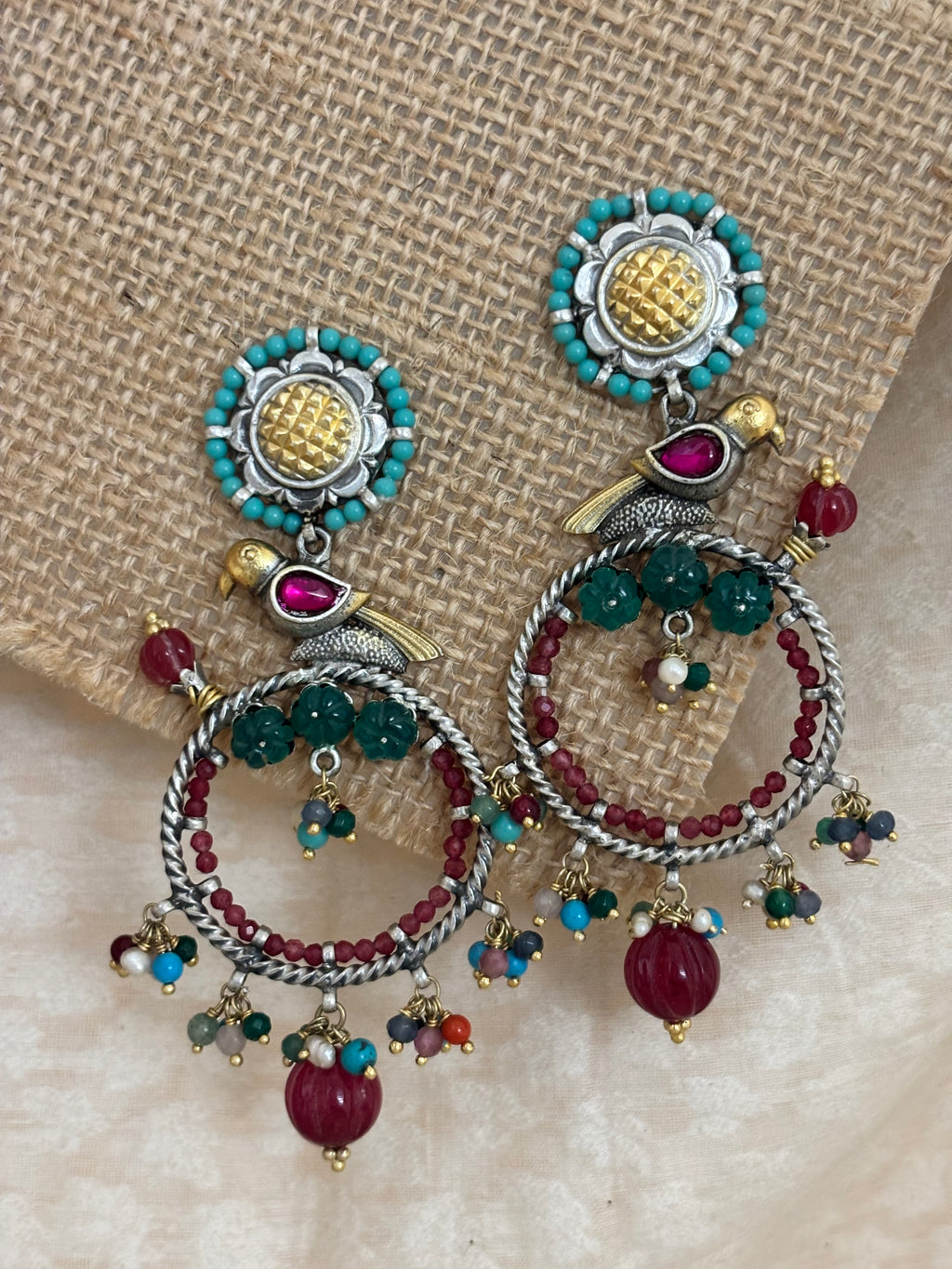 Floral Sunburst & Avian Hoop Earrings