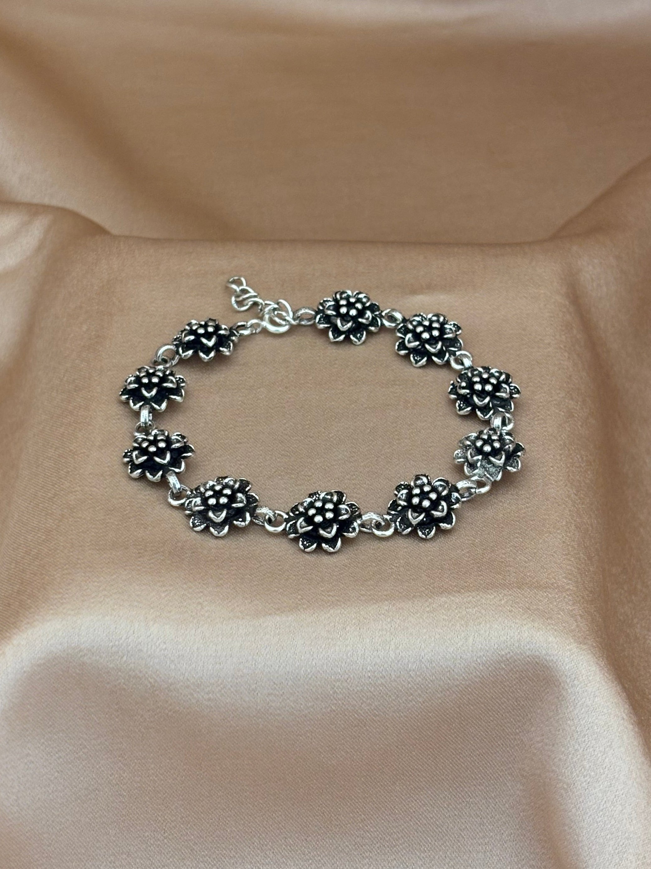 Intricate Oxidized Silver Floral Bracelet