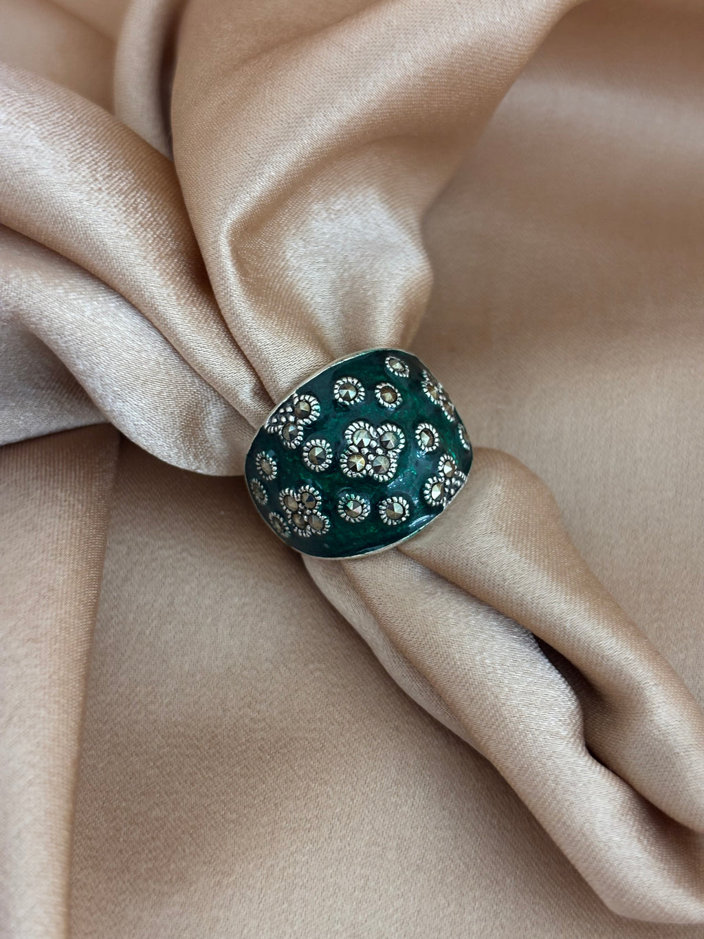 Emerald Enamel Clover Dome Ring