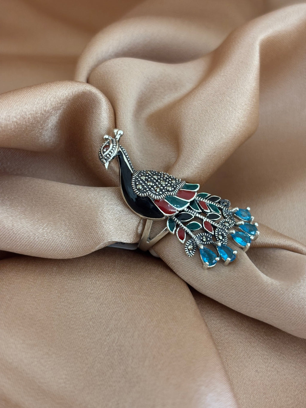 Turquoise Plumage Peacock Enamel Ring