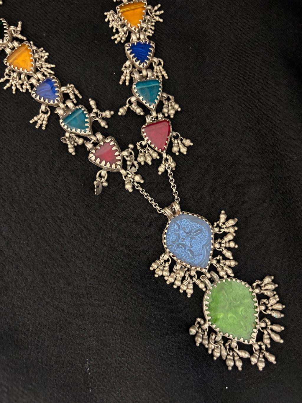 Lapis & Emerald Glass Festoon Antique Necklace