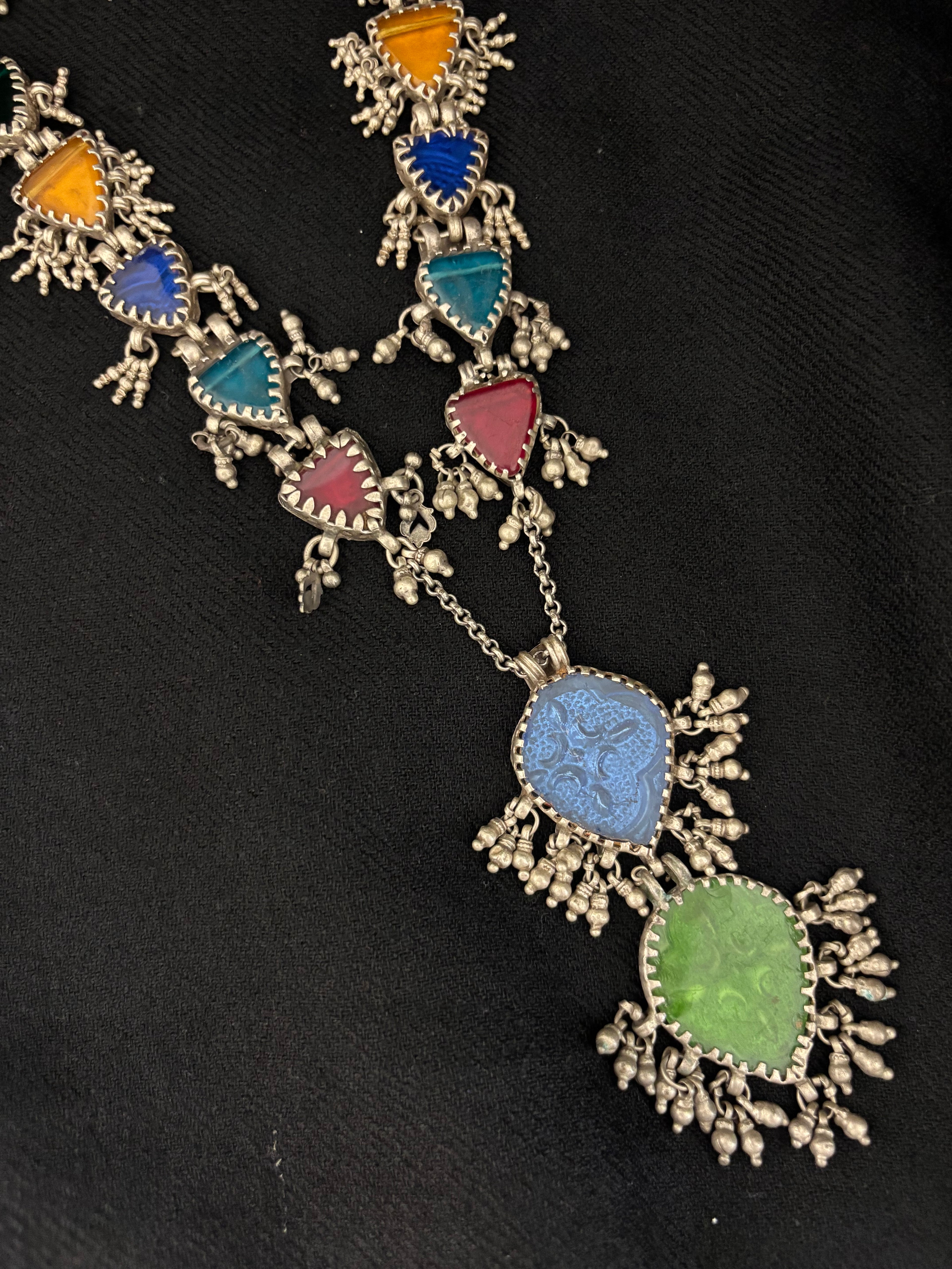 Lapis & Emerald Glass Festoon Antique Necklace