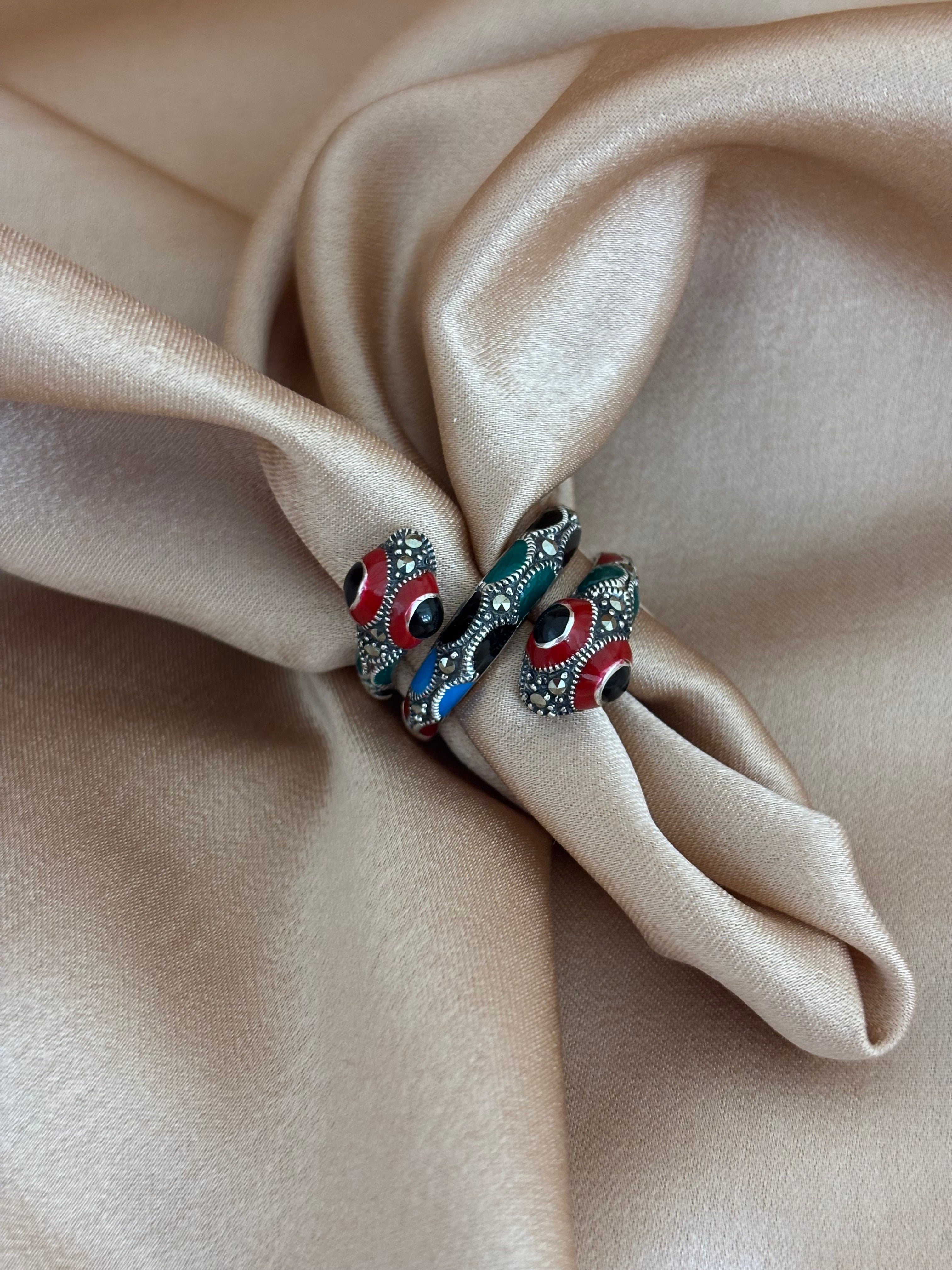 Vintage-Style Marcasite & Multi-Color Enamel Snake Wrap Ring