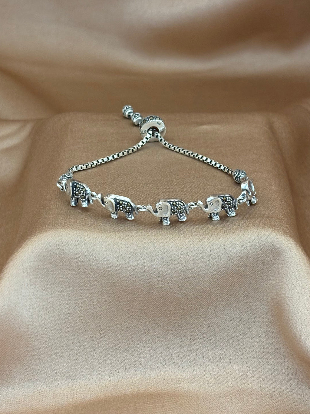 Marching Elephants Silver Slider Bracelet