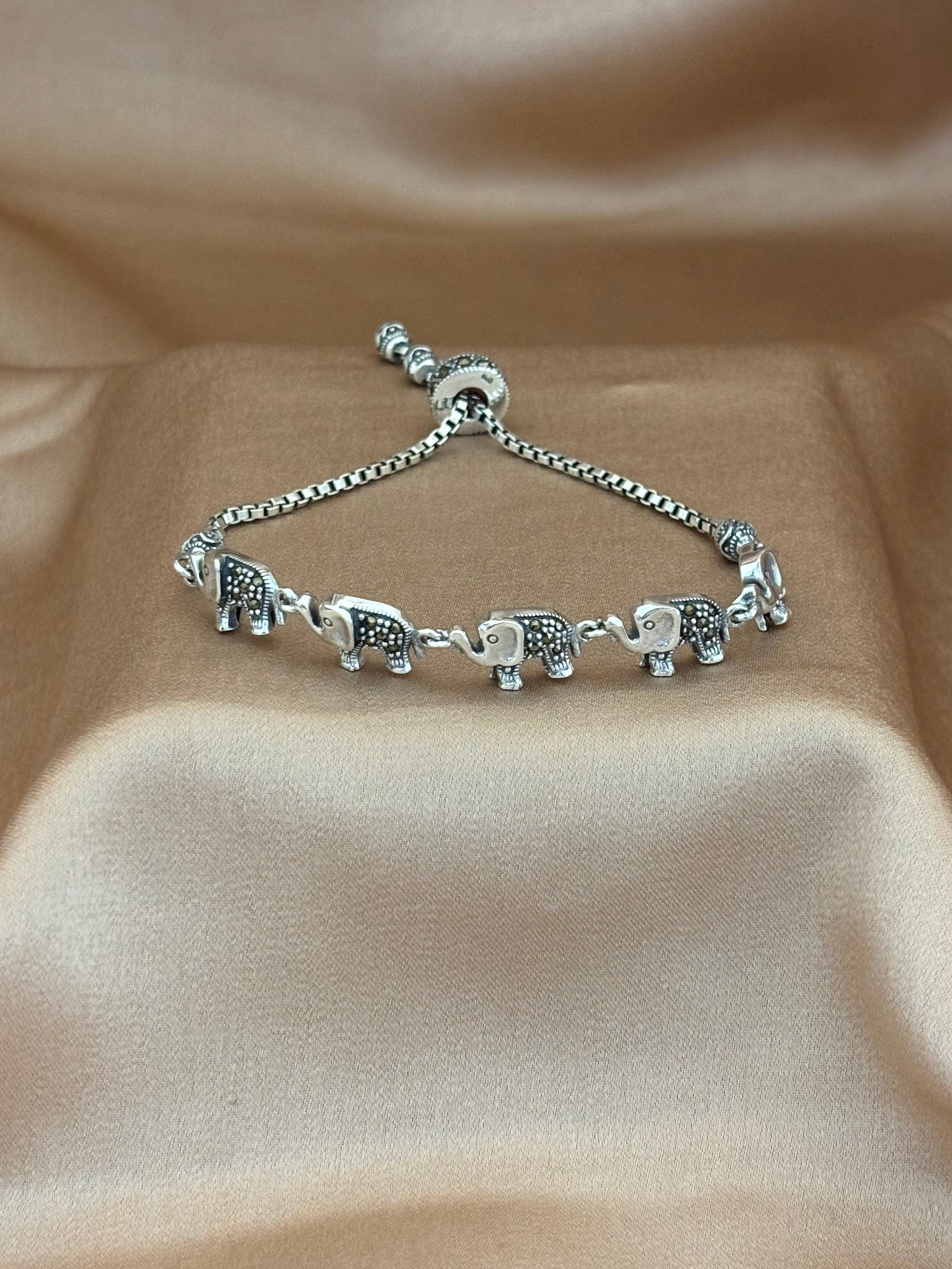 Marching Elephants Silver Slider Bracelet