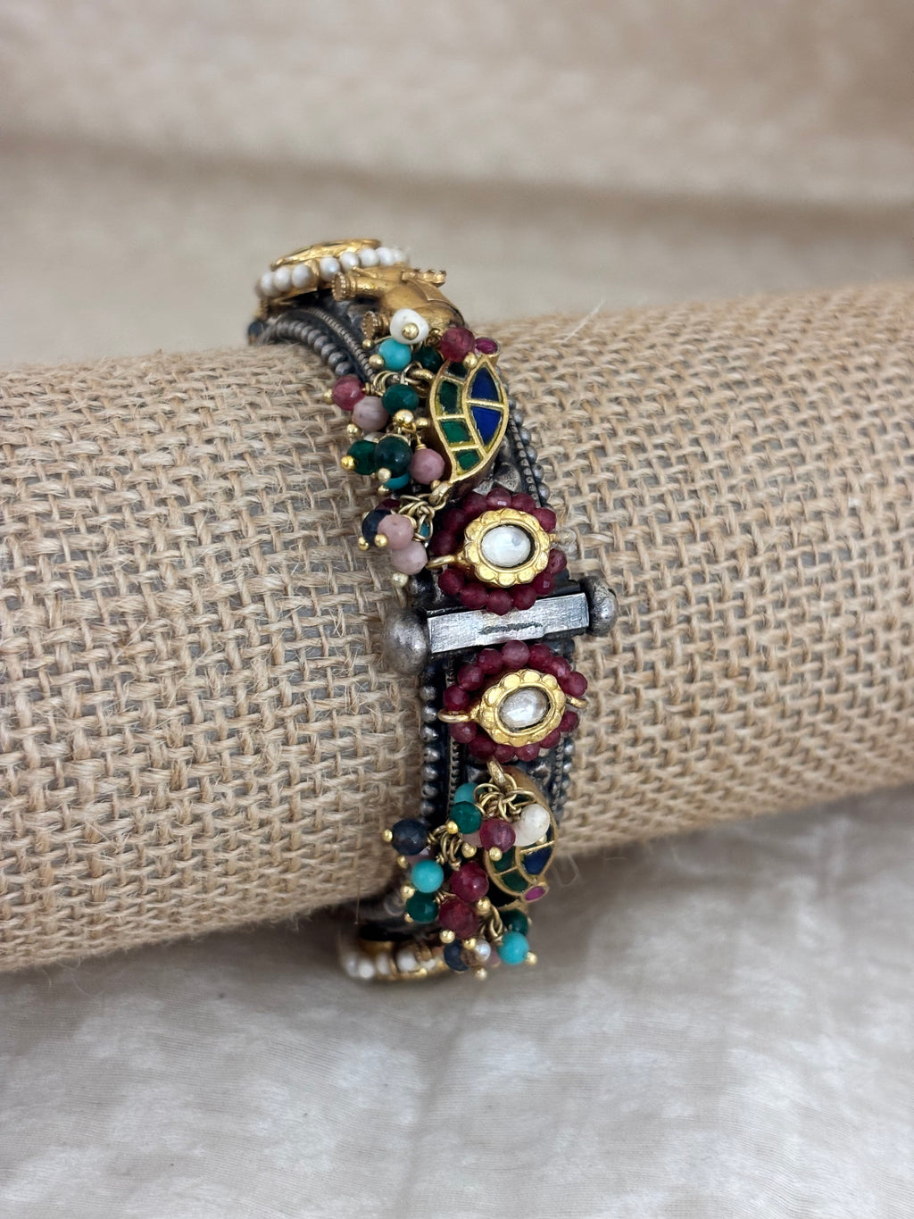 Gaja Multi-Stone Silver Fusion Kada with Elephant Accents