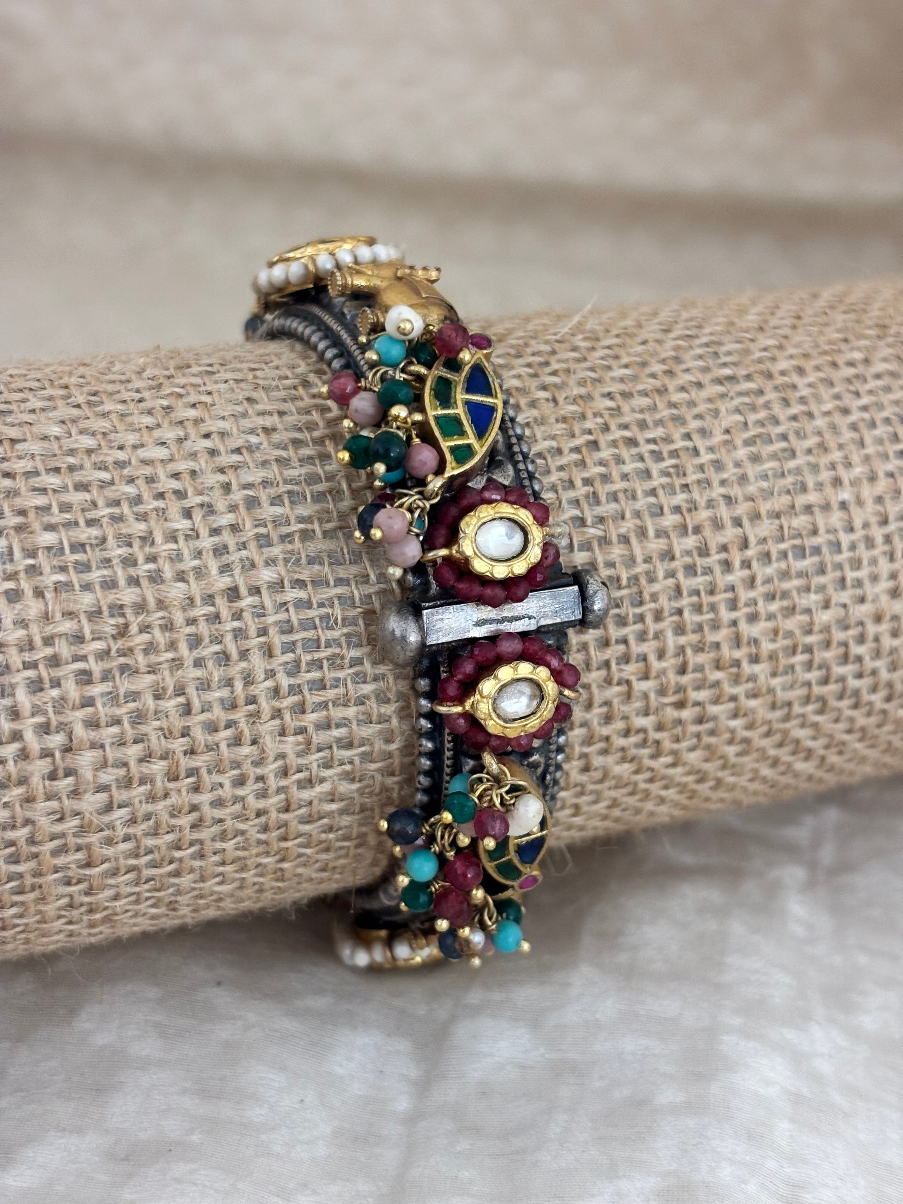 Gaja Multi-Stone Silver Fusion Kada with Elephant Accents
