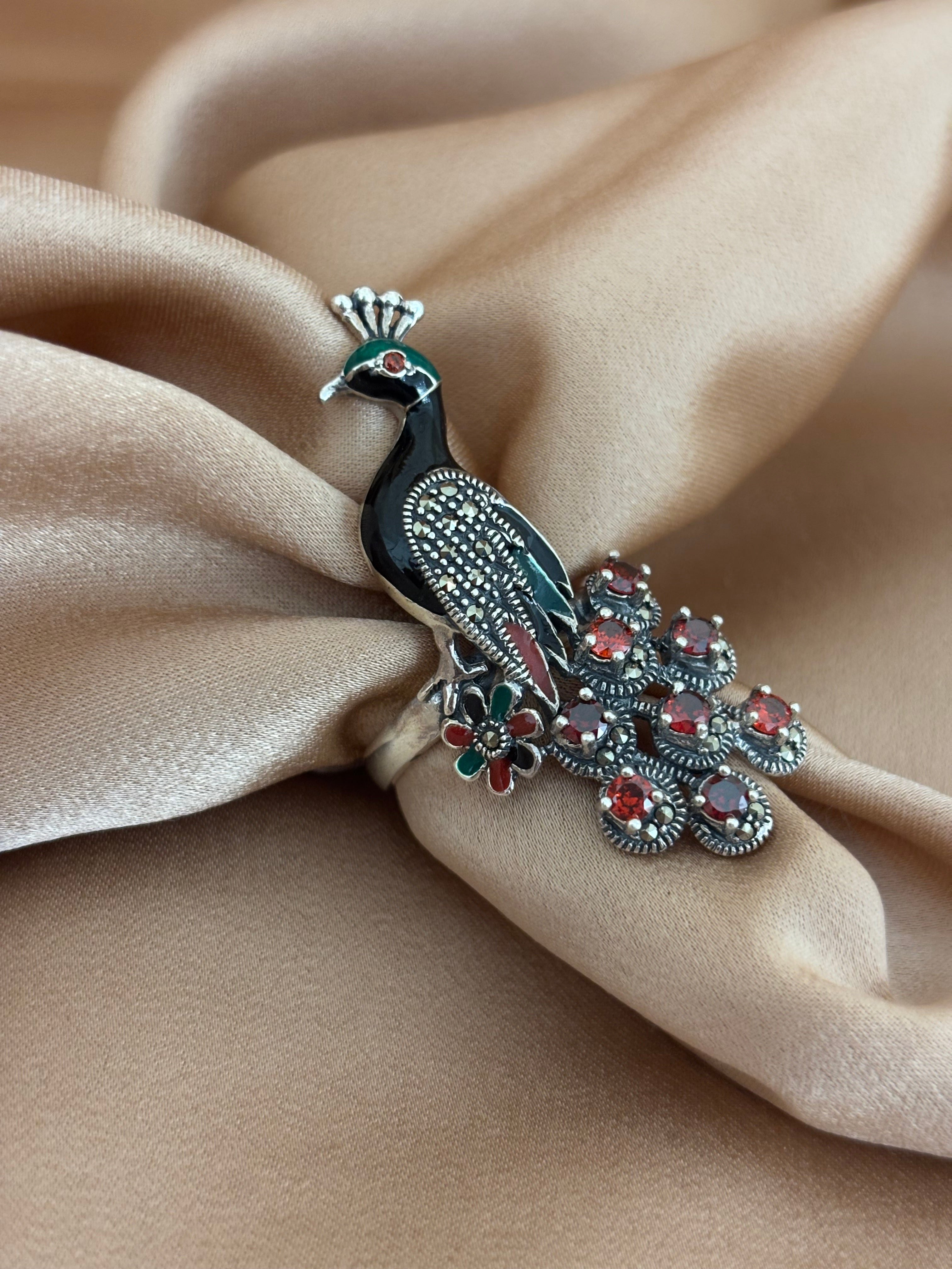 Majestic Peacock Marcasite & Garnet Ring